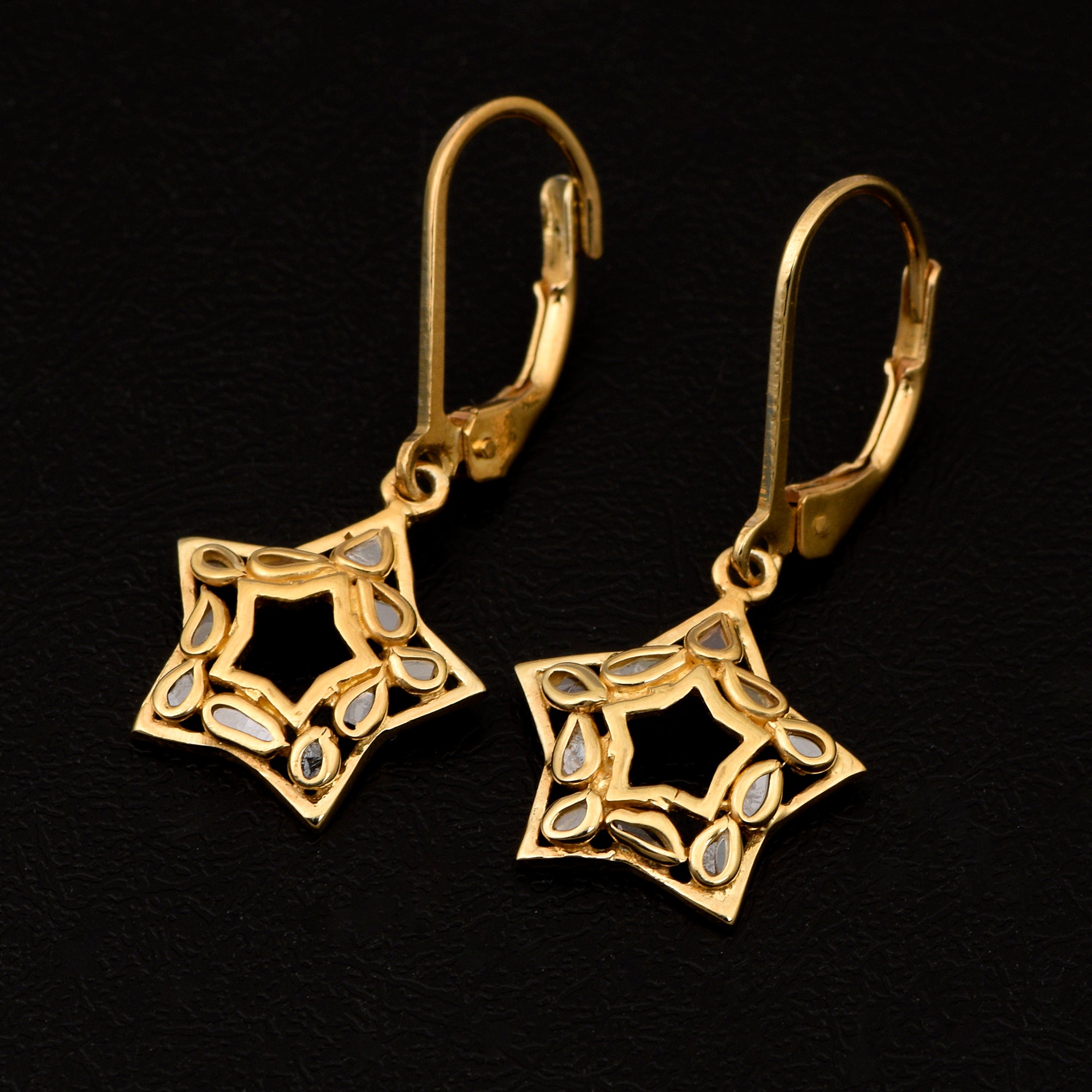 0.25 CTW Natural Polki Diamond Star Shape Lever Back Earrings