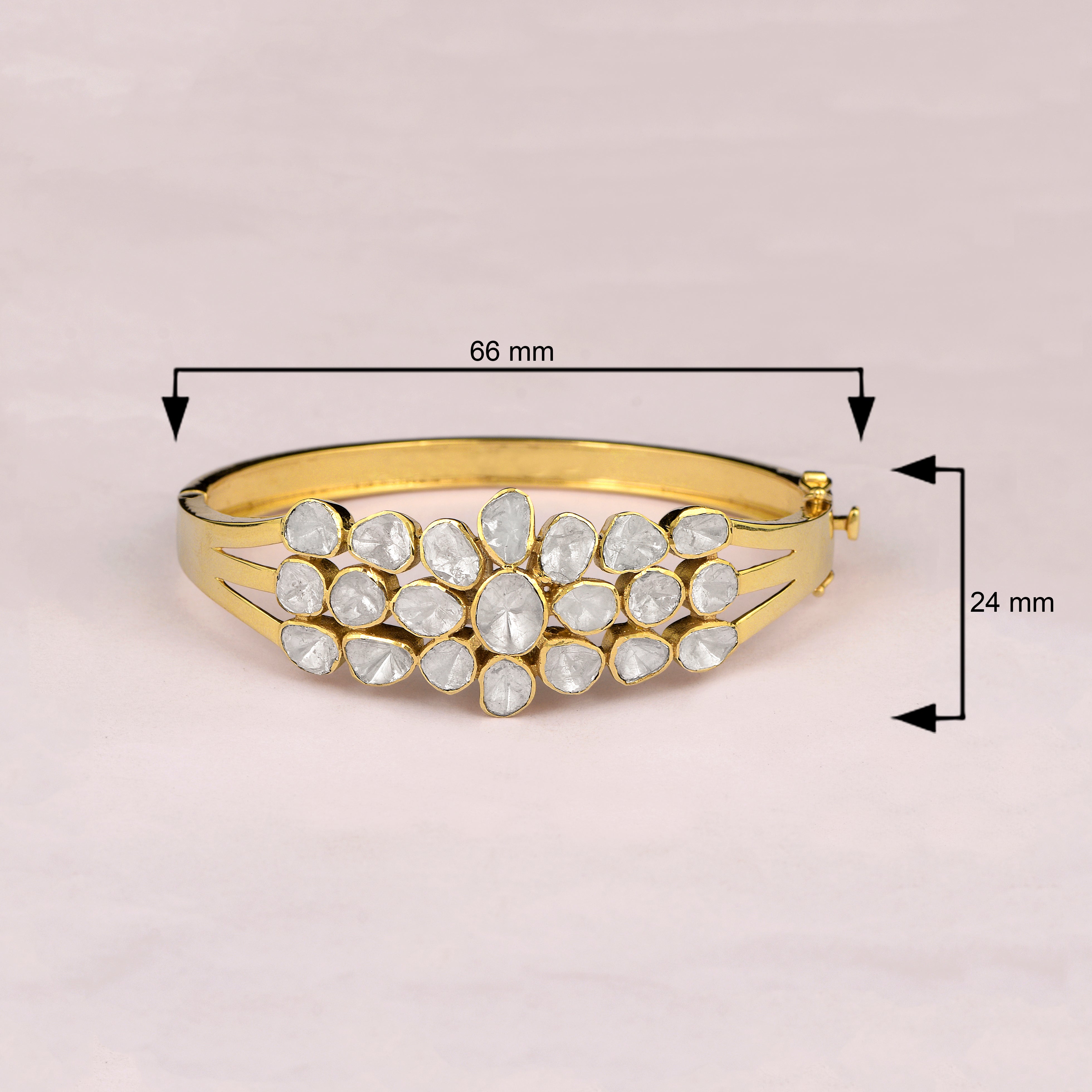 4.00 CTW Natural Mugal Cut Read Diamond Polki Openable Bangle Bracelet 925 Sterling Silver 14K Gold Plated