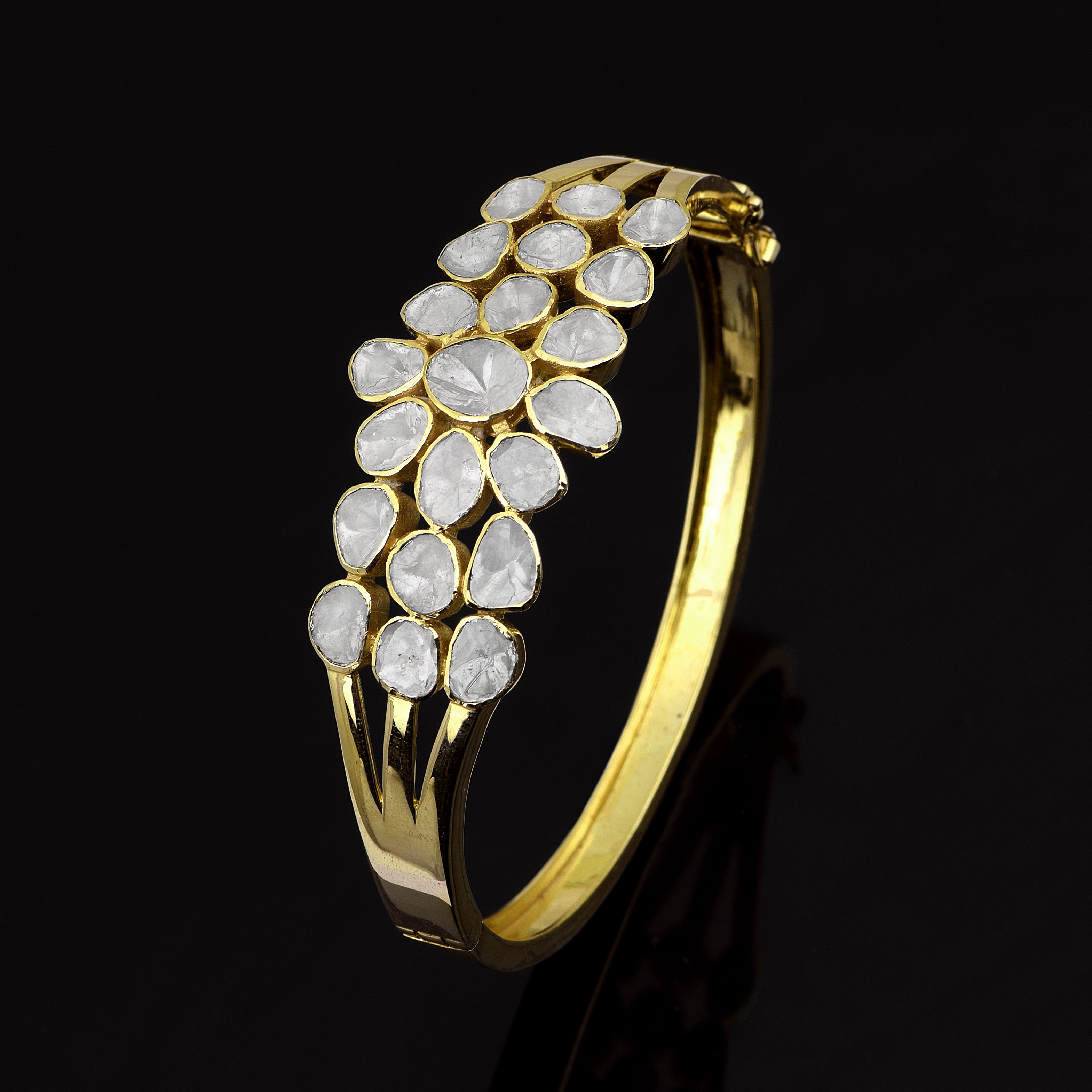 4.00 CTW Natural Mugal Cut Read Diamond Polki Openable Bangle Bracelet 925 Sterling Silver 14K Gold Plated