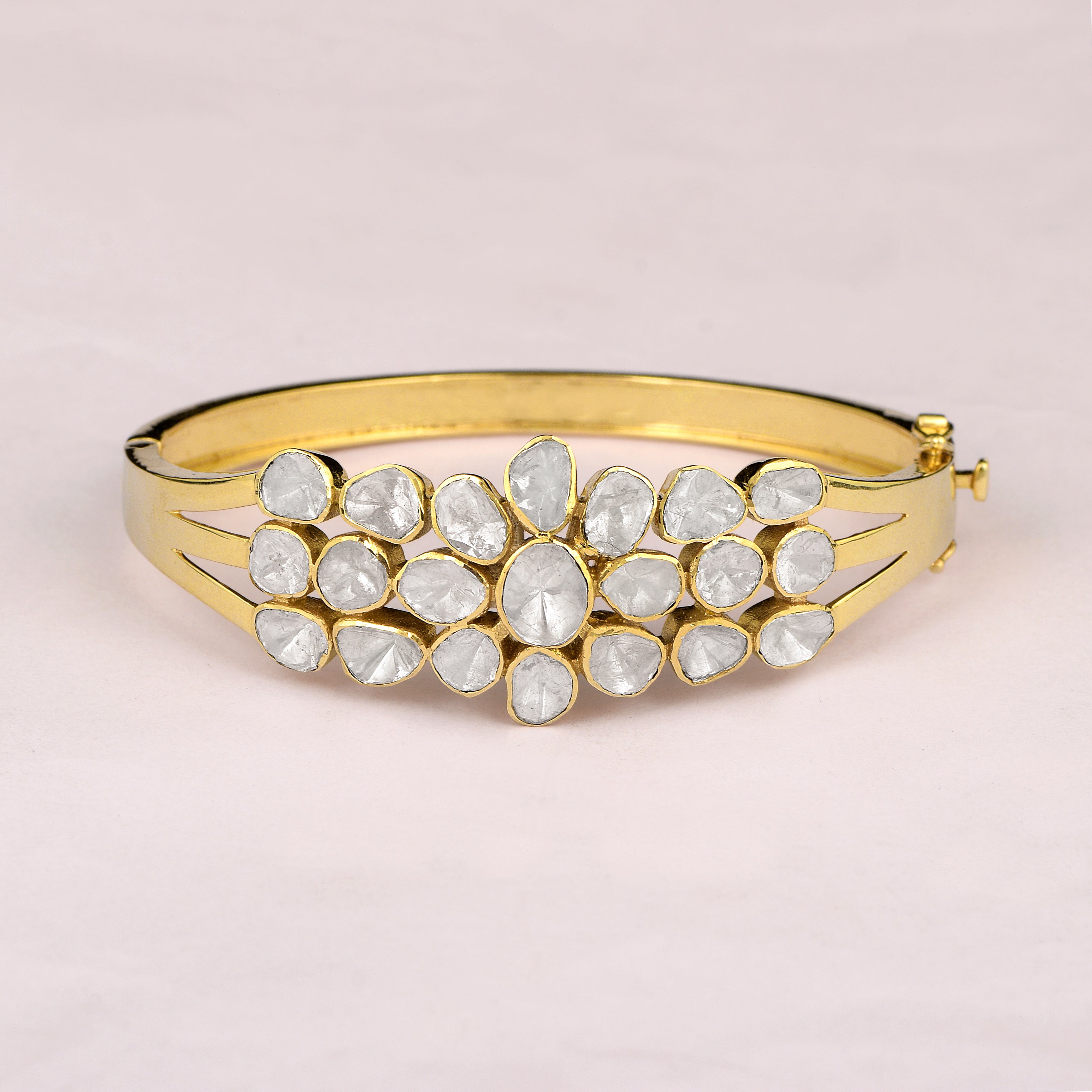 4.00 CTW Natural Mugal Cut Read Diamond Polki Openable Bangle Bracelet 925 Sterling Silver 14K Gold Plated