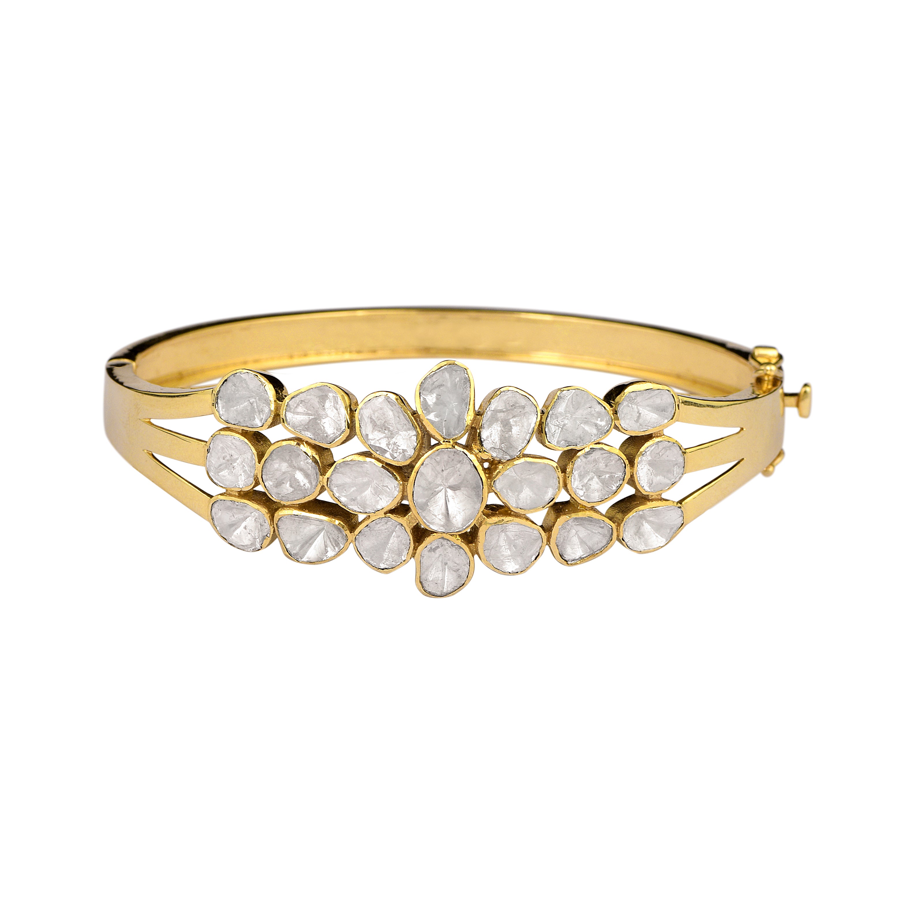 4.00 CTW Natural Mugal Cut Read Diamond Polki Openable Bangle Bracelet 925 Sterling Silver 14K Gold Plated