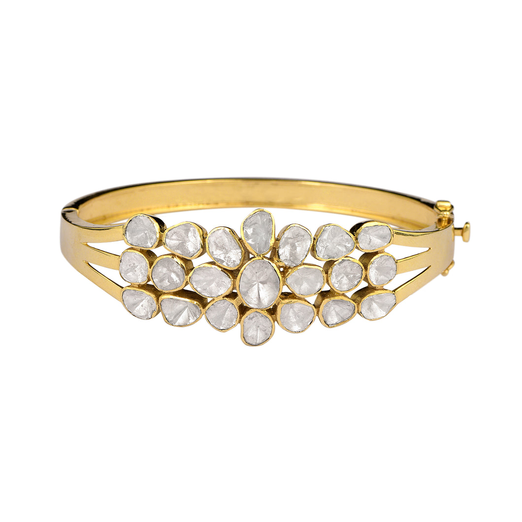 4.00 CTW Natural Mugal Cut Read Diamond Polki Openable Bangle Bracelet 925 Sterling Silver 14K Gold Plated