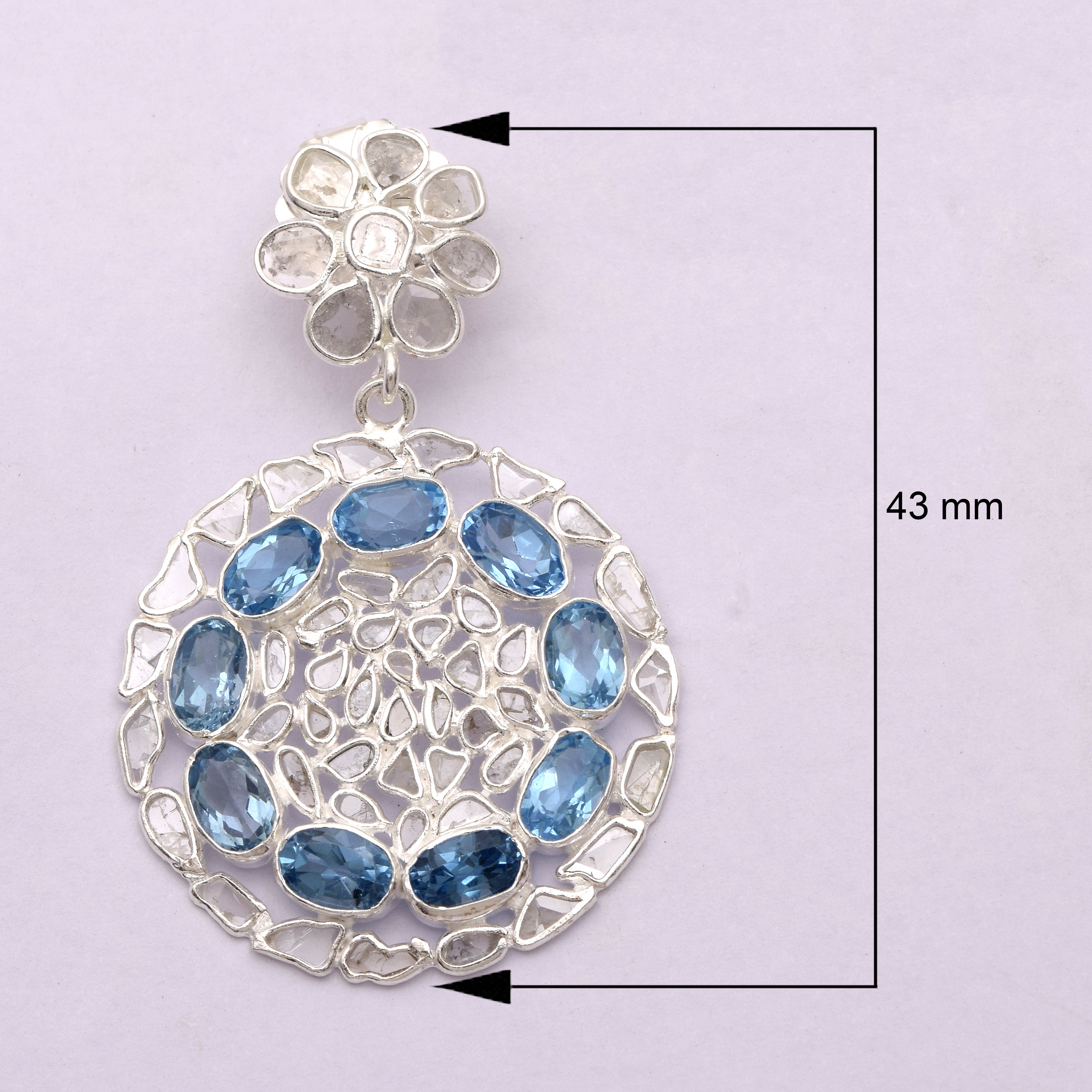 4 CTW Diamond Polki Blue Topaz Round Dangle Earrings