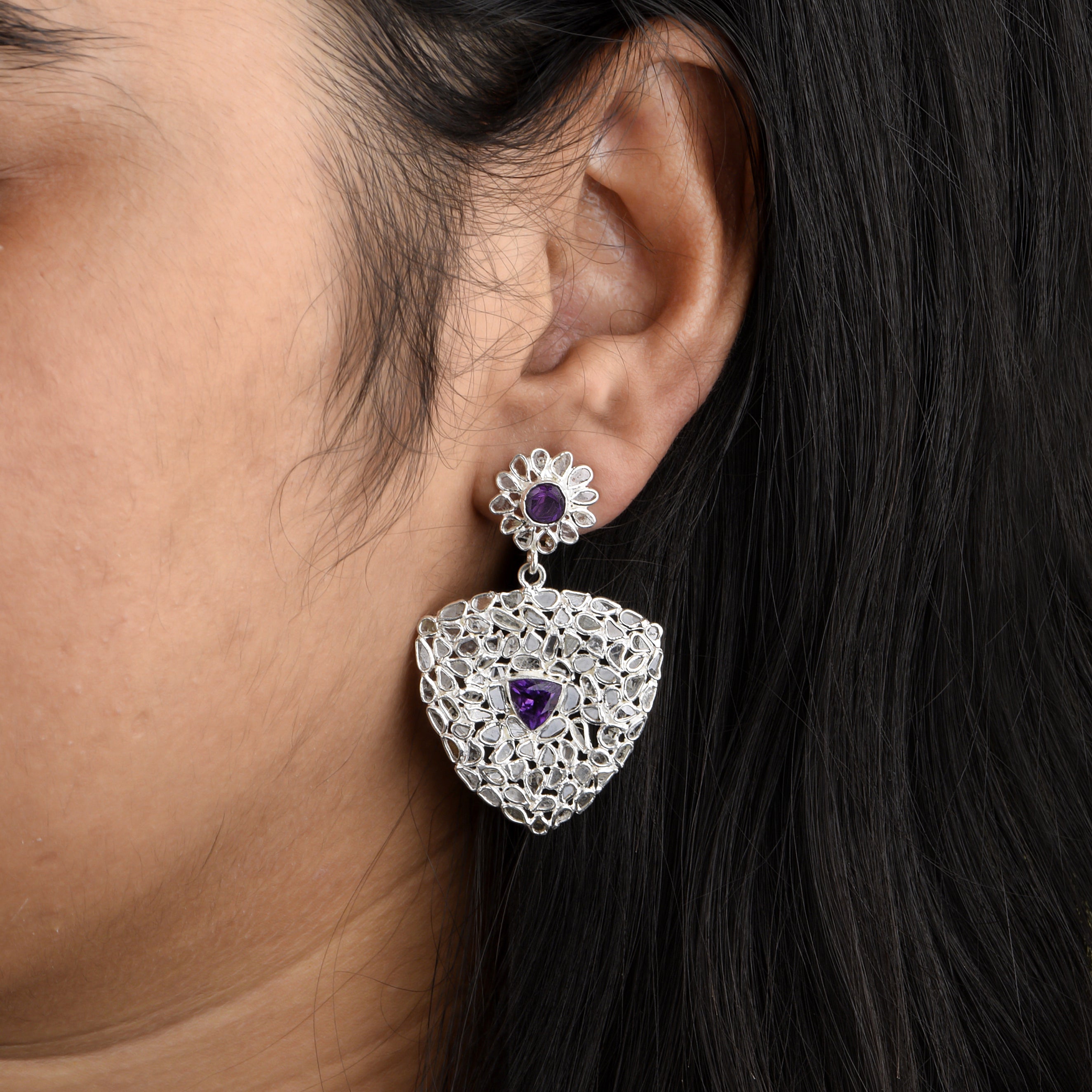 5 CTW Diamond Polki Amethyst Trillion Shaped Cluster Dangle Earring