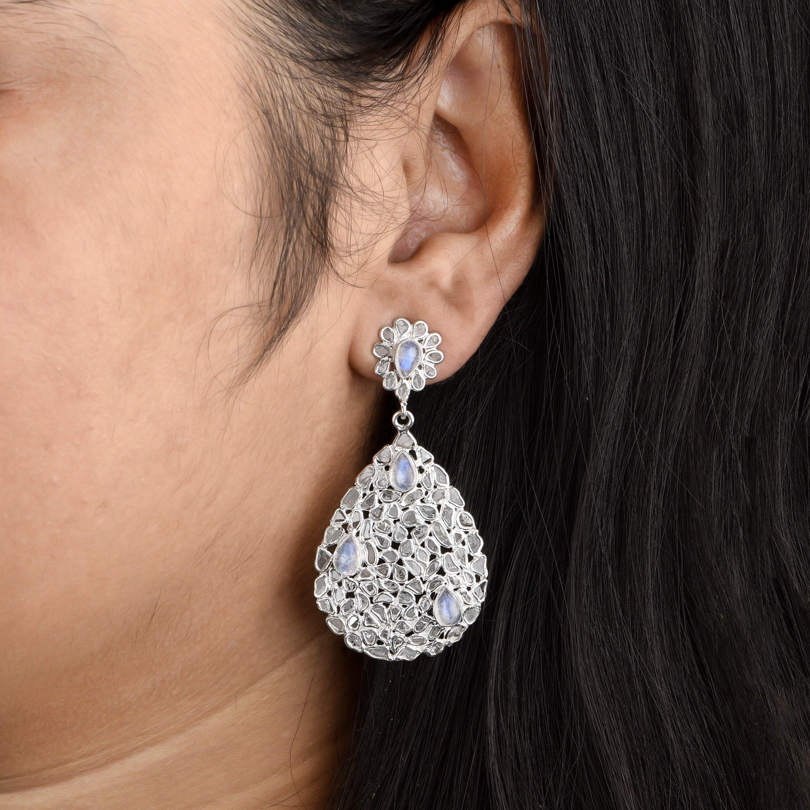 6 CTW Diamond Polki Rainbow Moonstone Pear Dangle Floral Earring