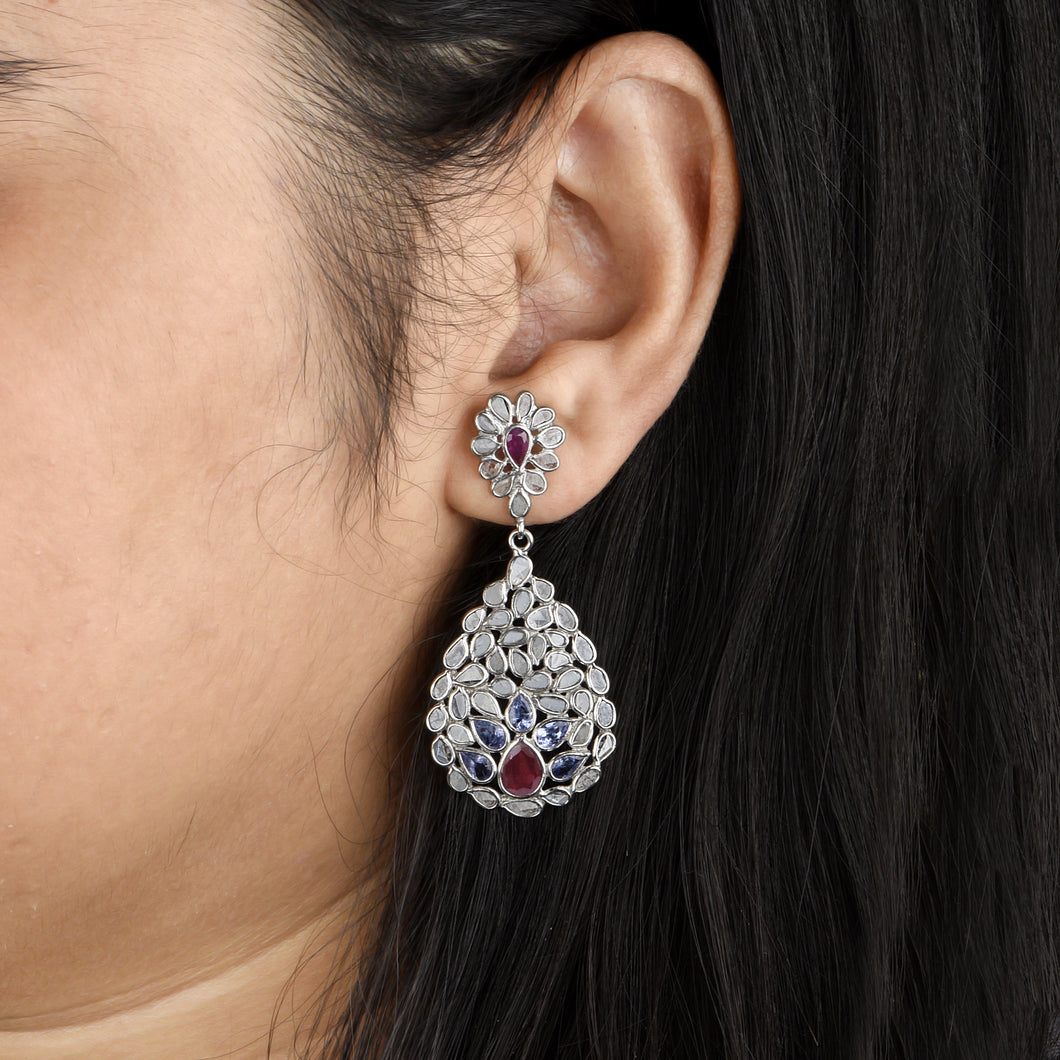6 CTW Diamond Polki Tanzanite Ruby Floral Dangle Earrings