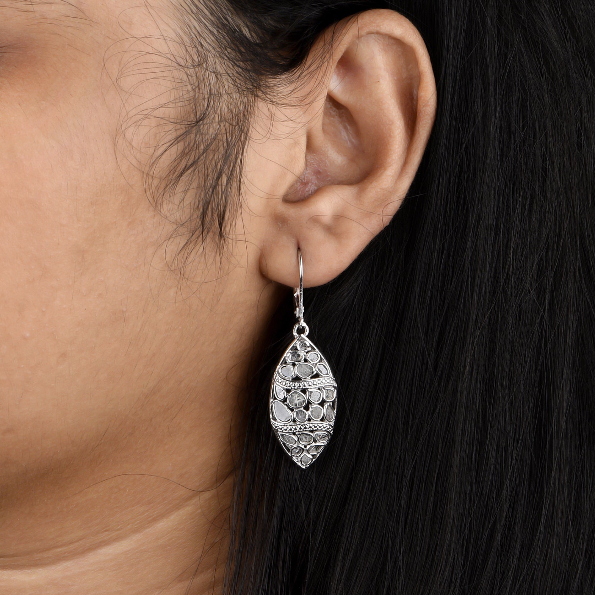 2.50 CTW Diamond Polki Blue Sapphire Leaf Earrings