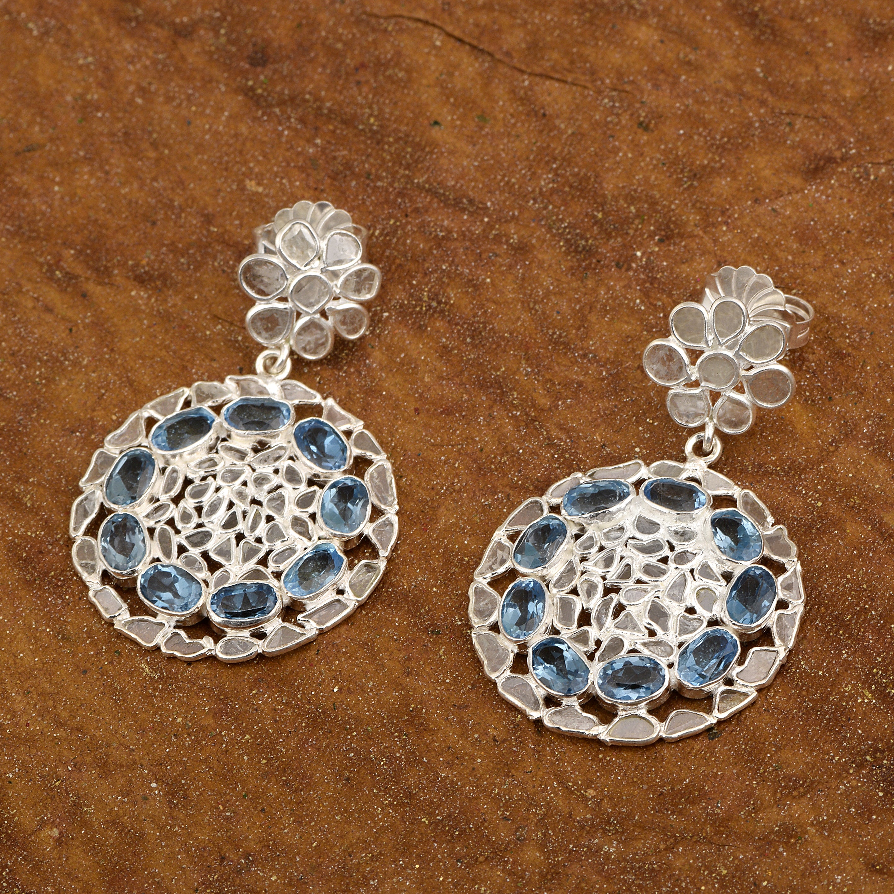 4 CTW Diamond Polki Blue Topaz Round Dangle Earrings