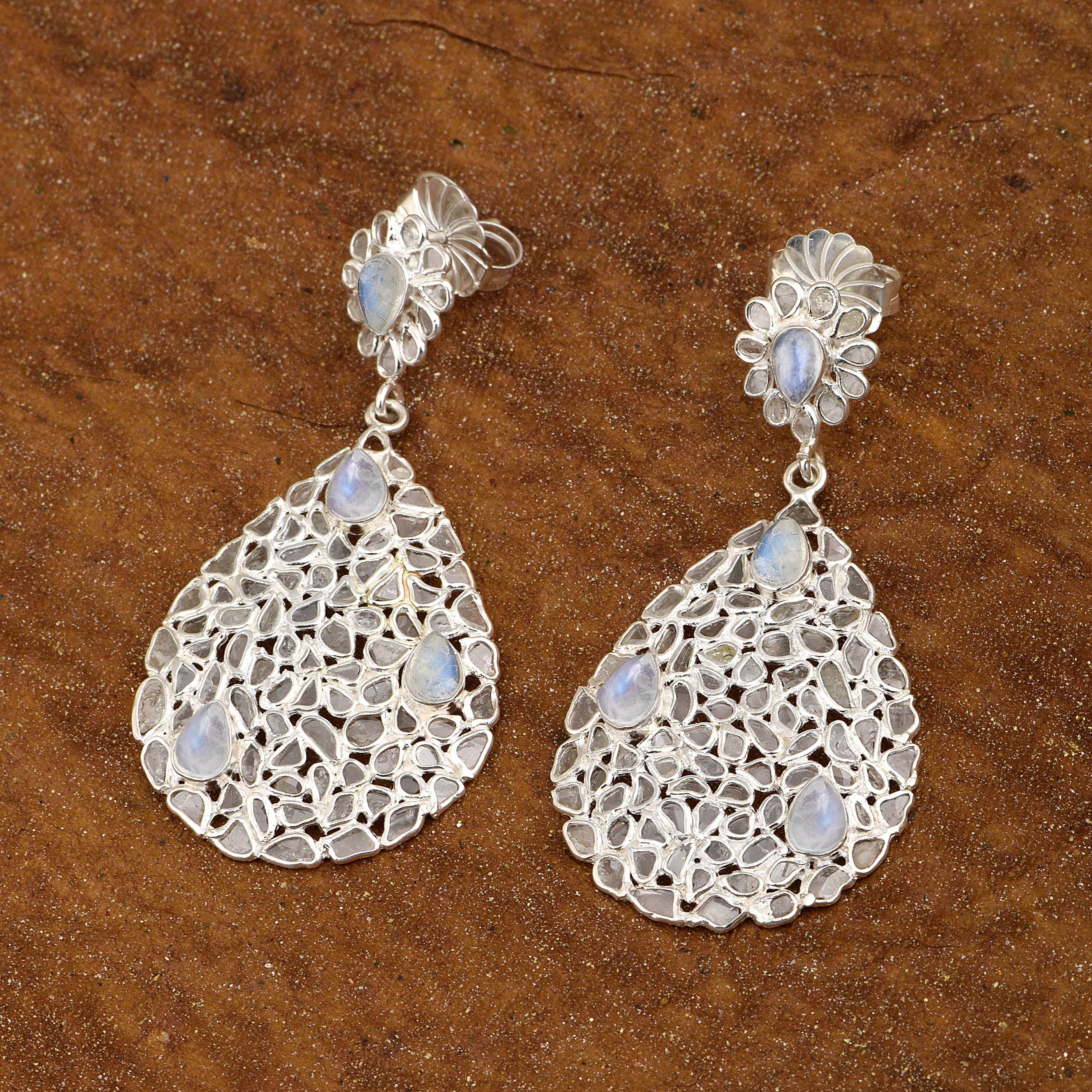 6 CTW Diamond Polki Rainbow Moonstone Pear Dangle Floral Earring