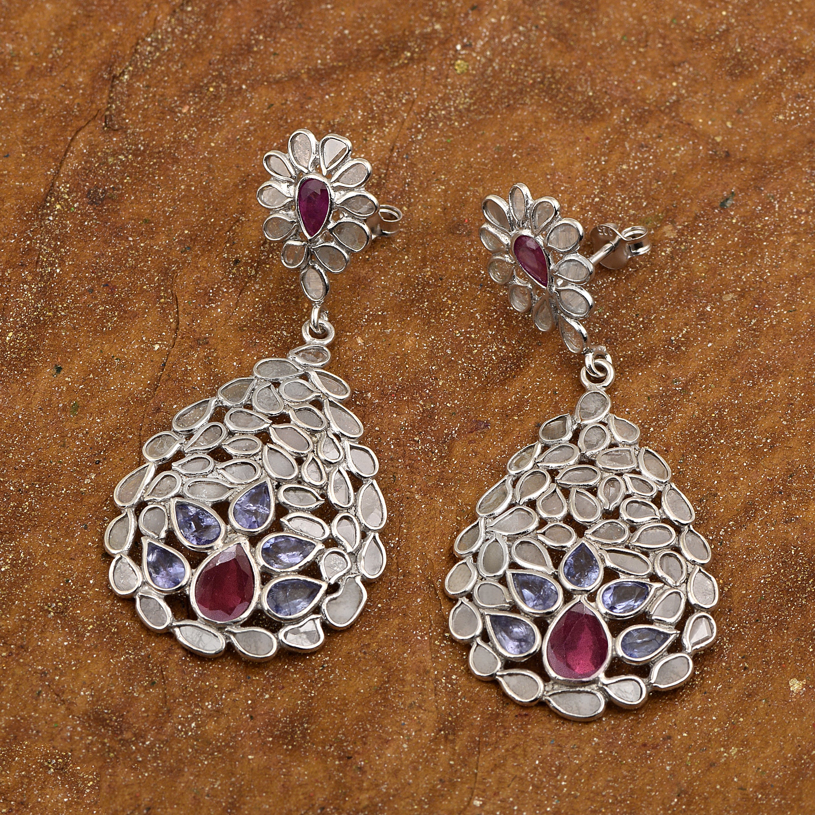6 CTW Diamond Polki Tanzanite Ruby Floral Dangle Earrings