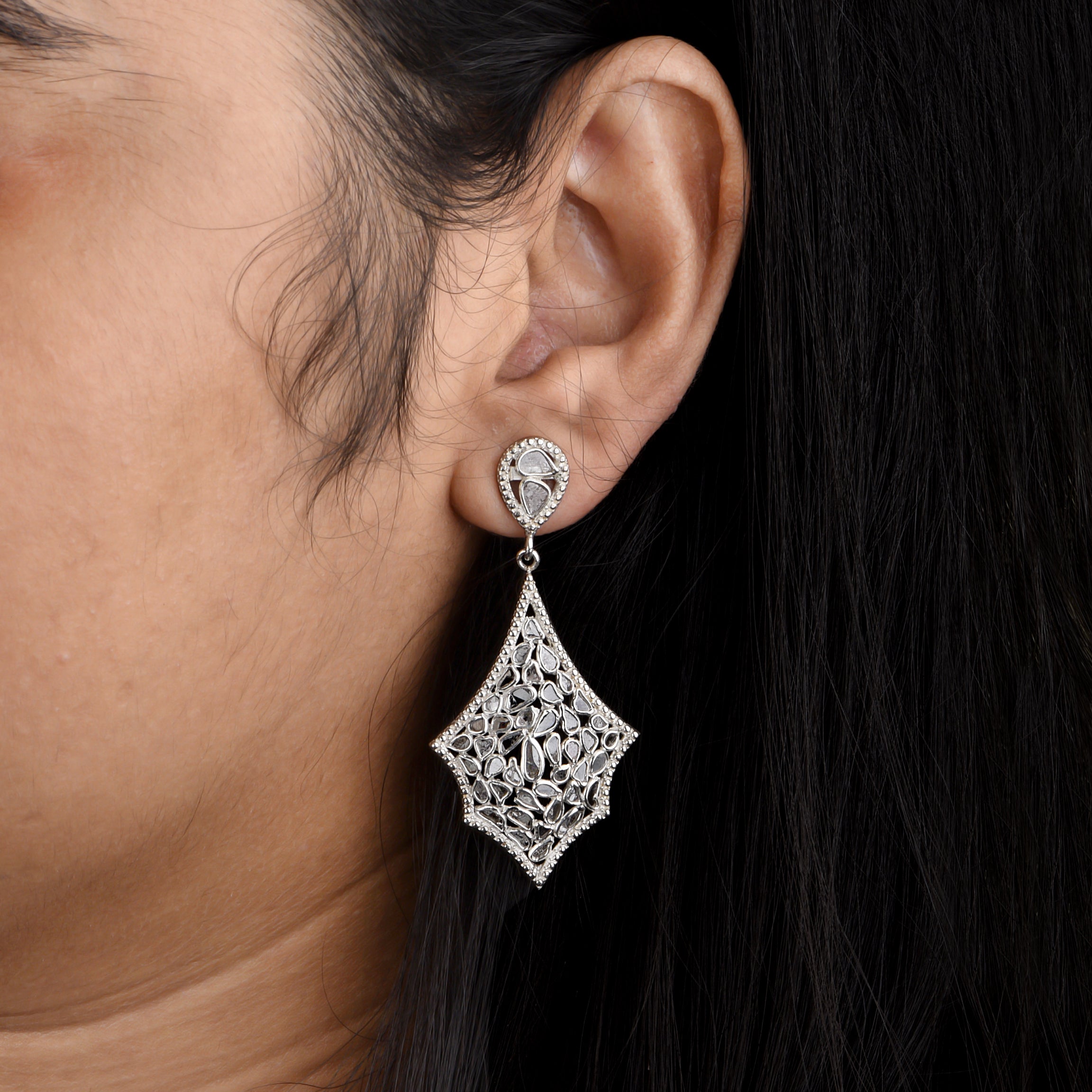 2.25 CTW Diamond Polki Spider Web Dangle Earrings