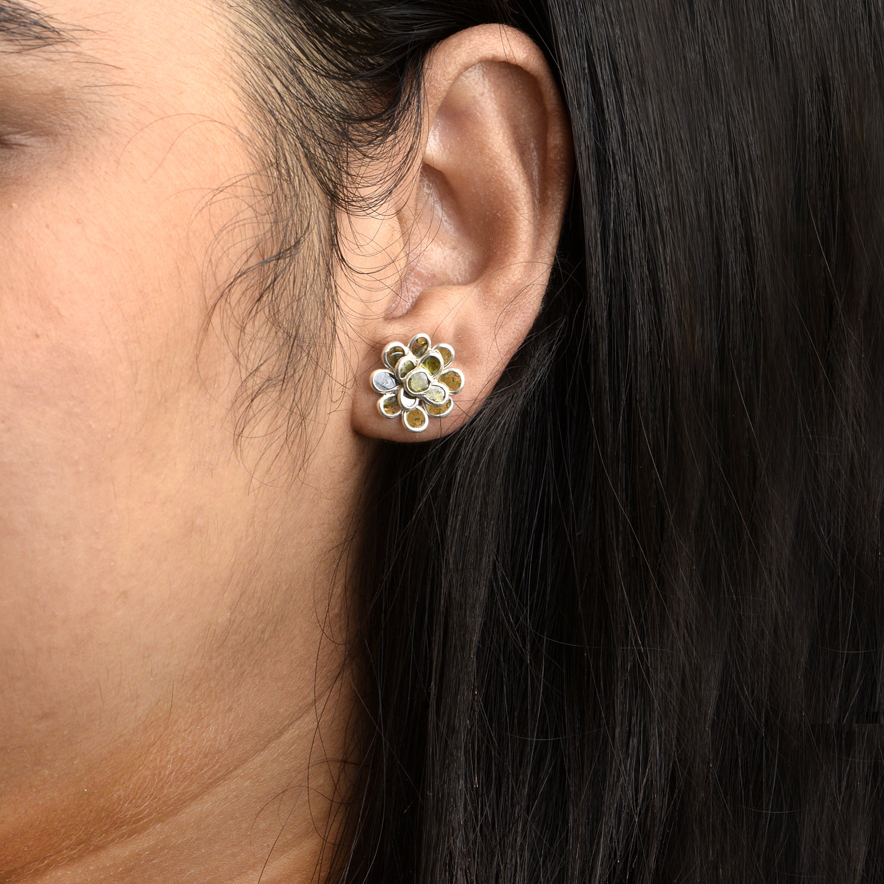 2 CTW Yellow Diamond Polki 3D Flower Stud Earrings