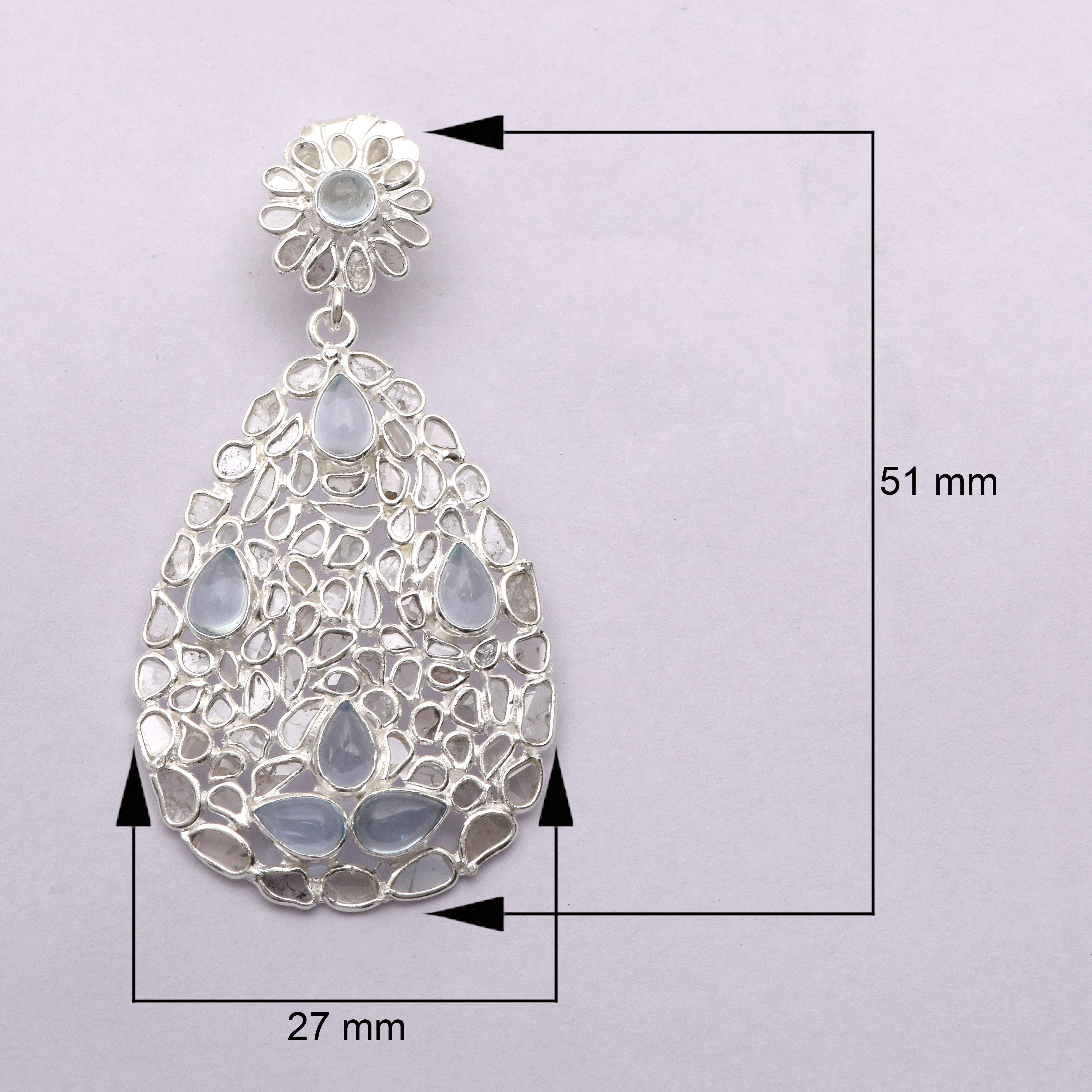 6.50 CTW Diamond Polki Genuine Blue Topaz Pear Dangle Earring