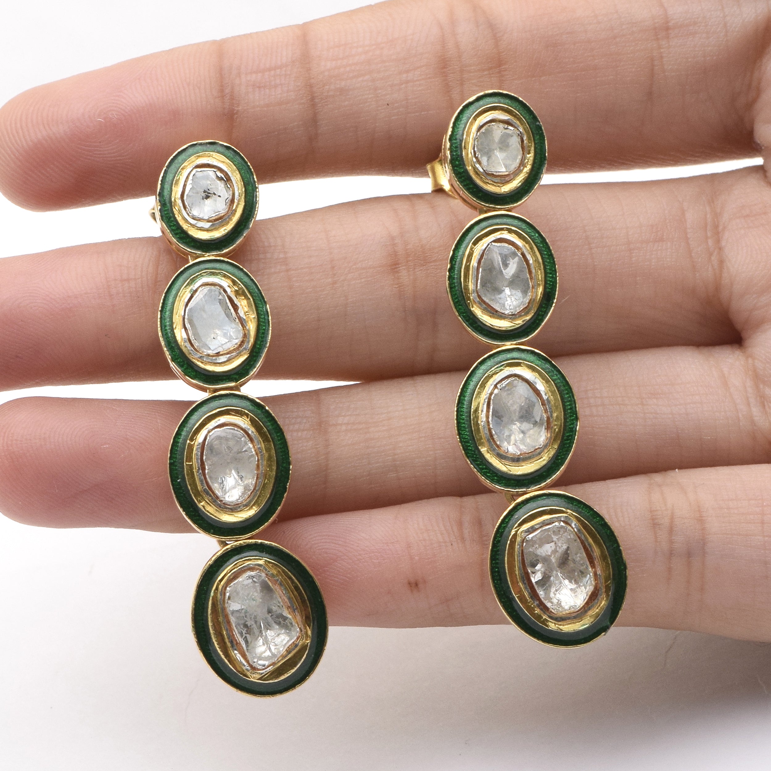 2 CTW Diamond Polki Green Enamel Long Dangle Earrings