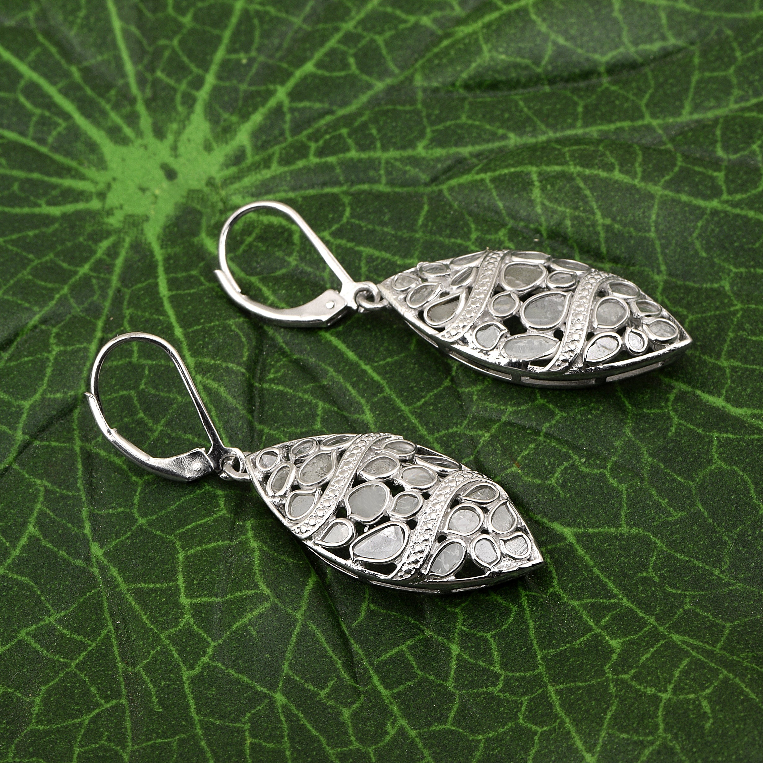 2.50 CTW Diamond Polki Blue Sapphire Leaf Earrings