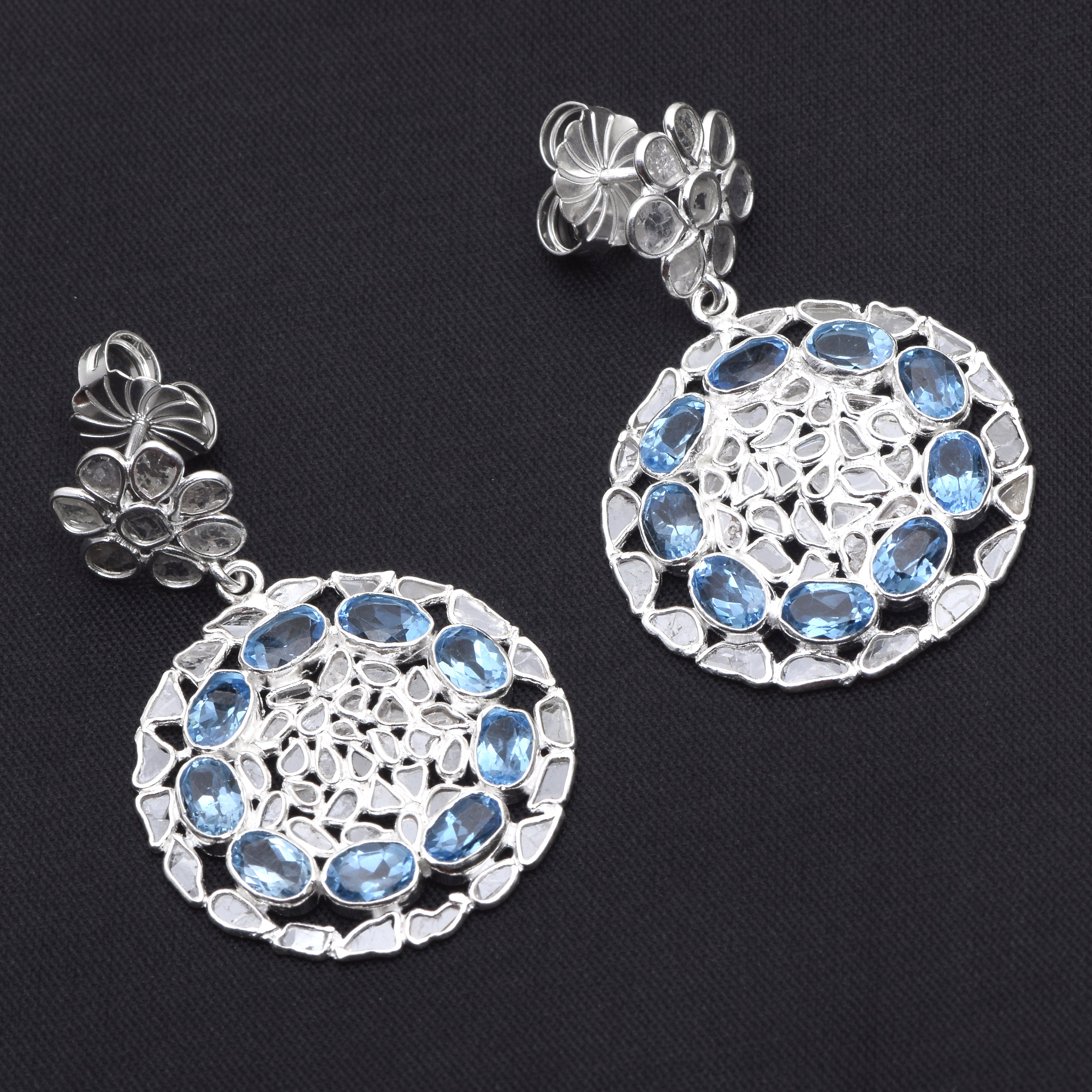 4 CTW Diamond Polki Blue Topaz Round Dangle Earrings