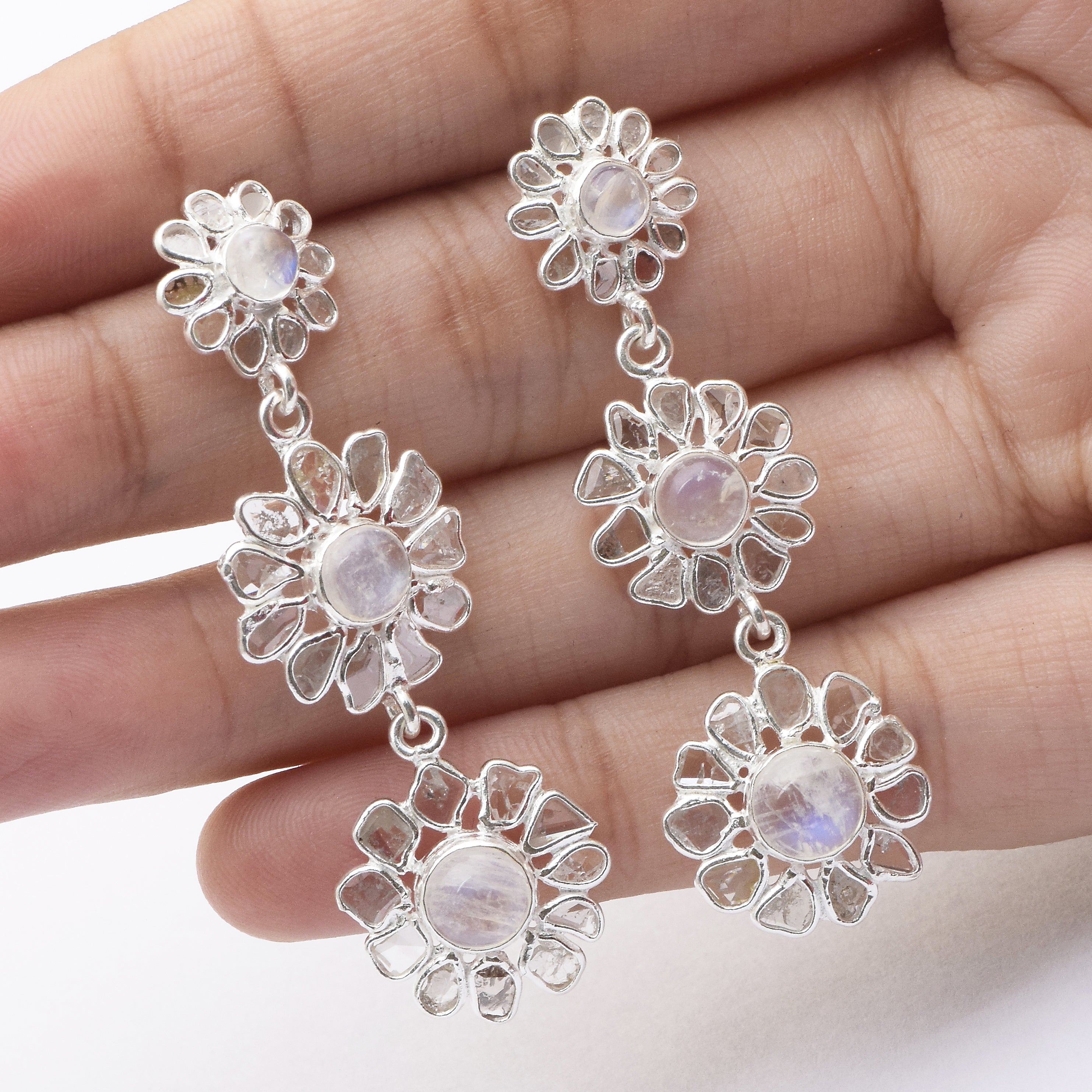 3 CTW Diamond Polki Moonstone Chain Earrings