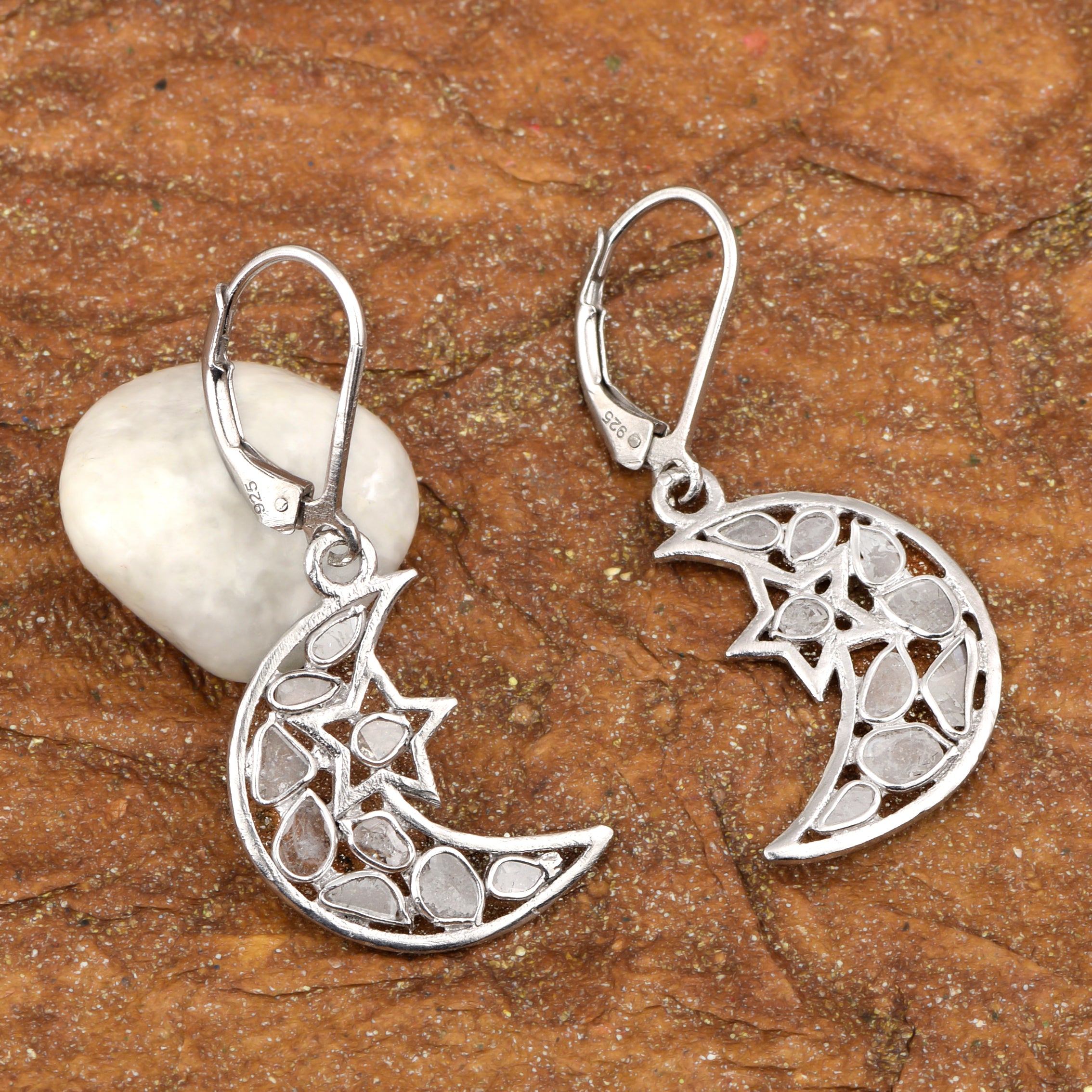 0.75 CTW Diamond Polki Moon Star Dangle Earrings