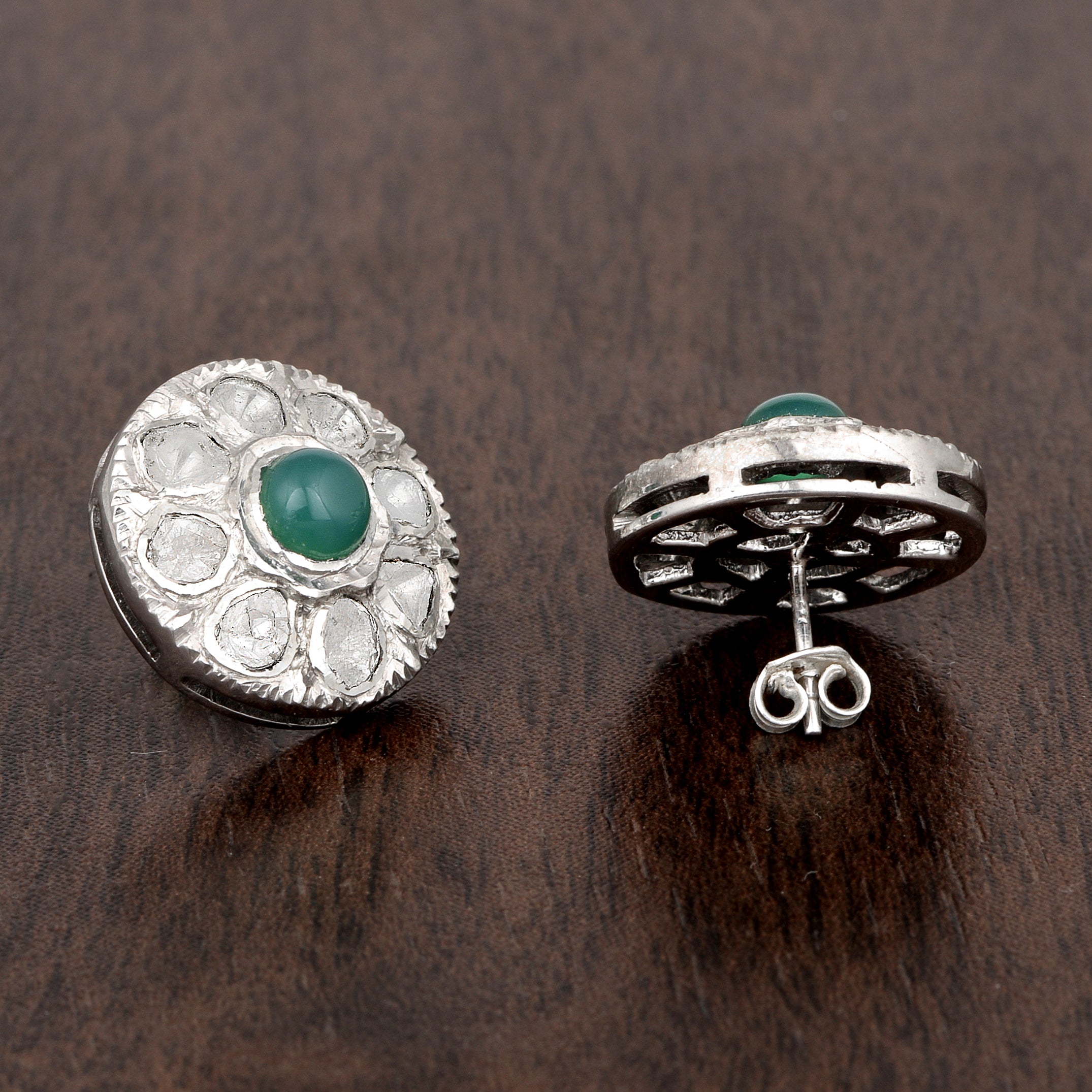 1.50 CTW Diamond Polki Green Onyx Round Studs