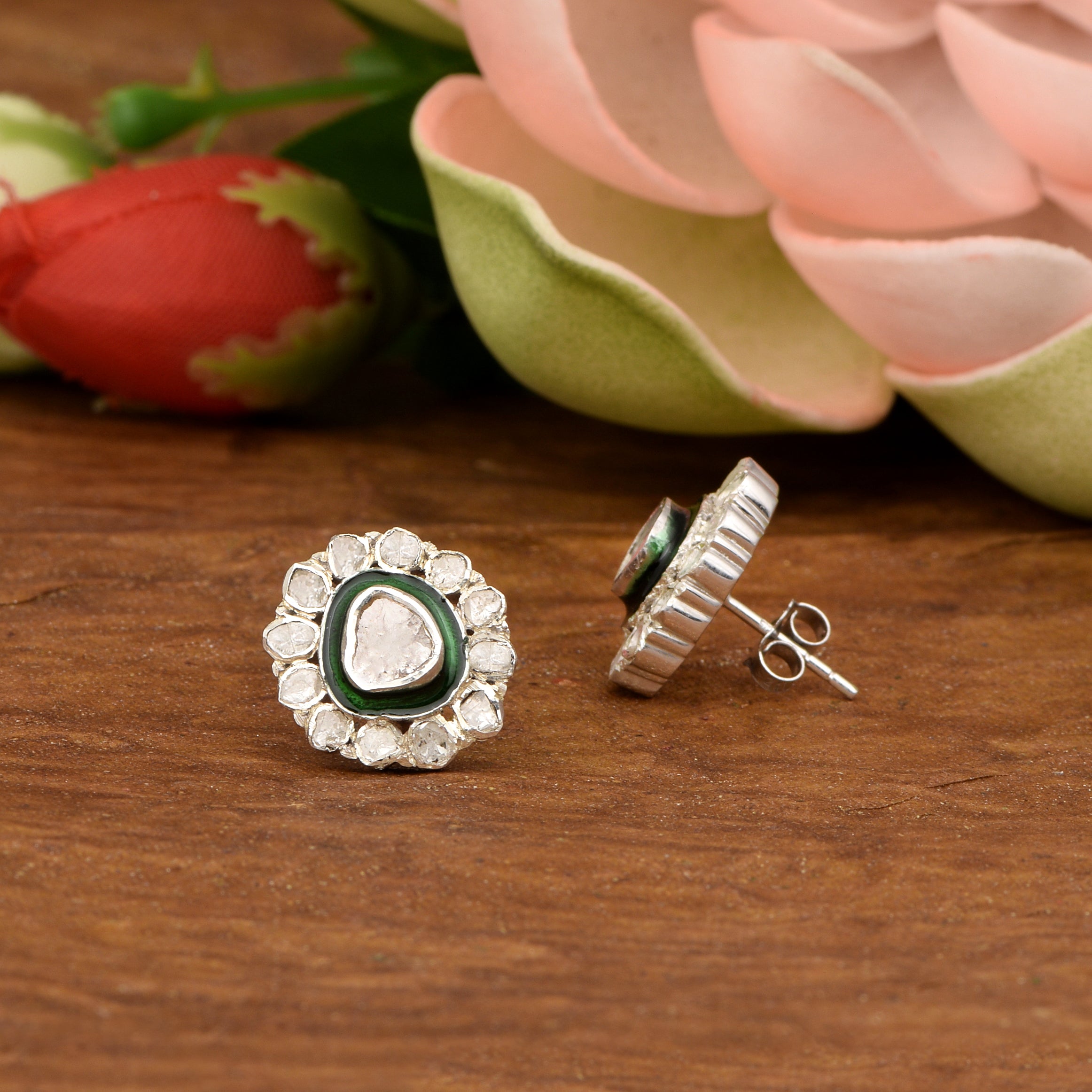 1.50 CTW Diamond Polki Green Enamel Round Studs
