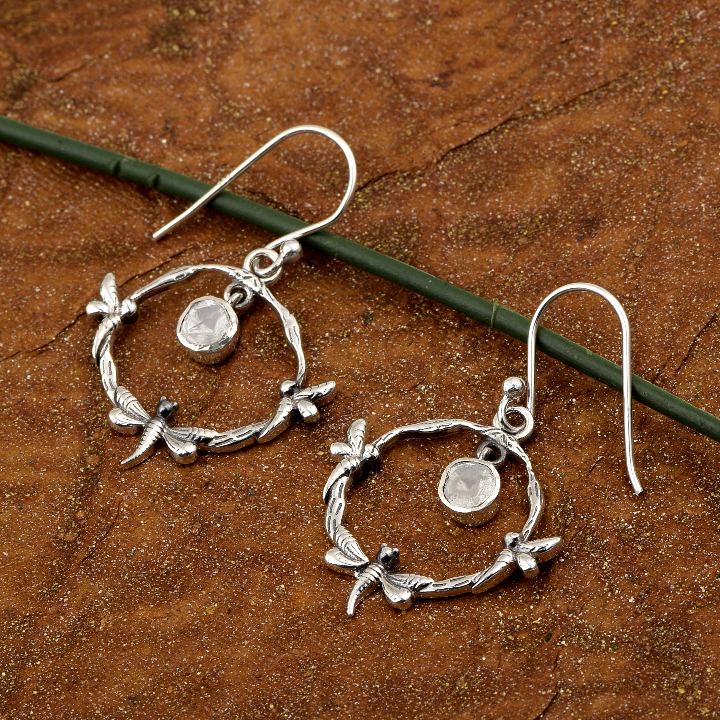 0.25 CTW Polki Diamond Drop Dragonfly Earrings