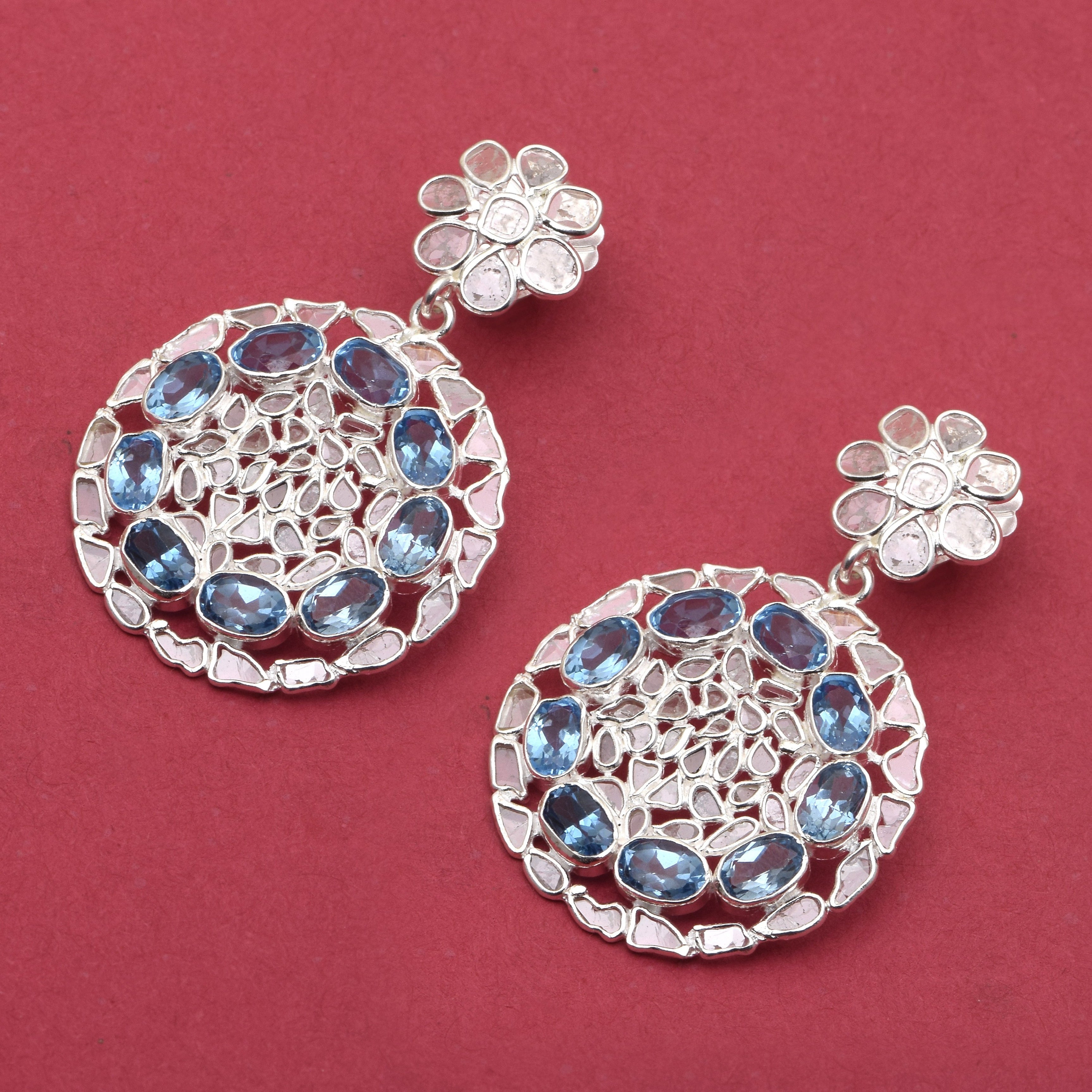 4 CTW Diamond Polki Blue Topaz Round Dangle Earrings