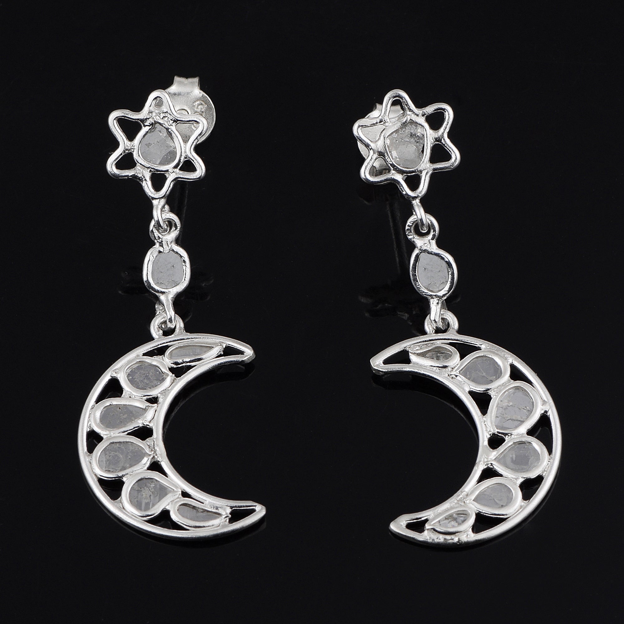 0.75 CTW Diamond Polki Moon Star Dangle Earrings