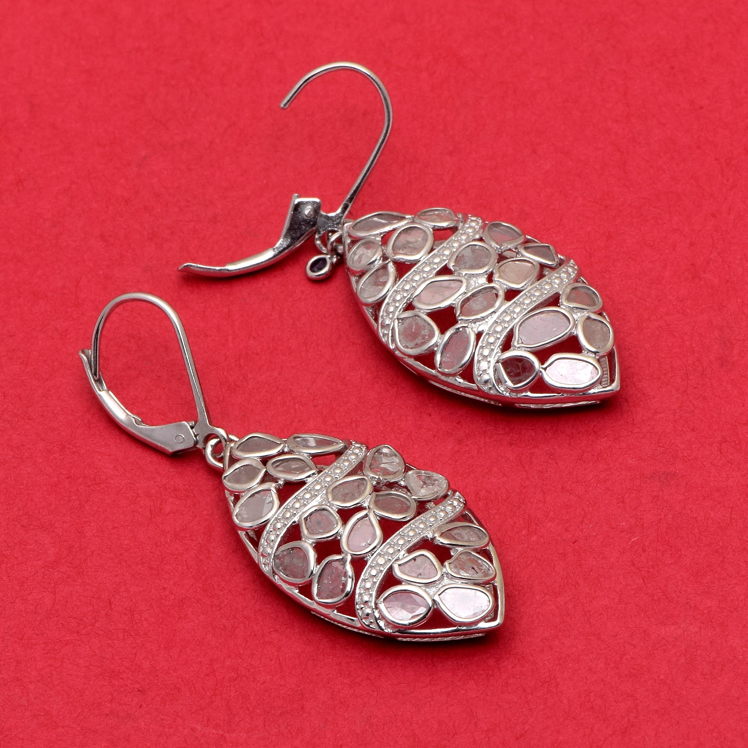 2.50 CTW Diamond Polki Blue Sapphire Leaf Earrings