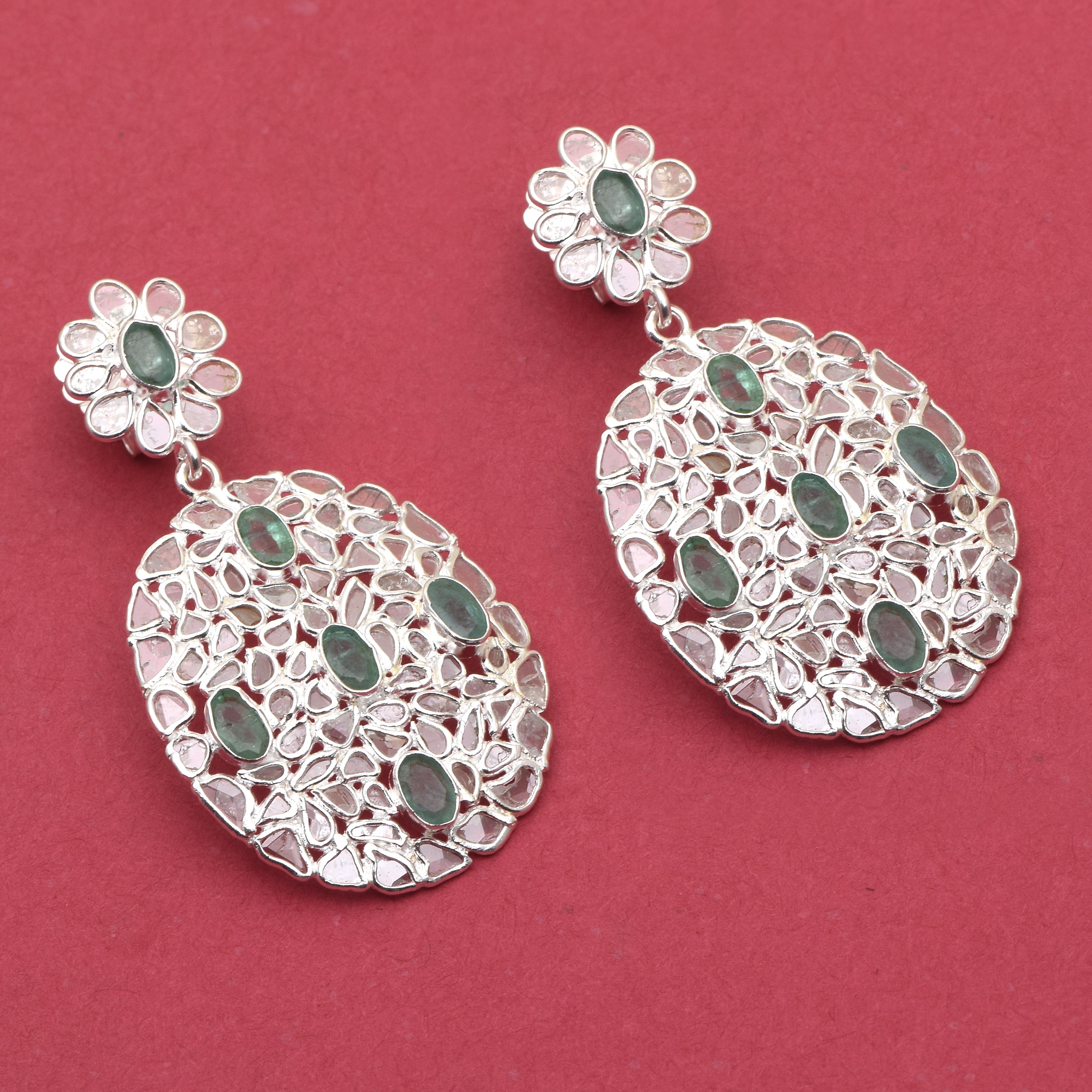 5 CTW Diamond Polki Genuine Emerald Cluster Dangle Earring