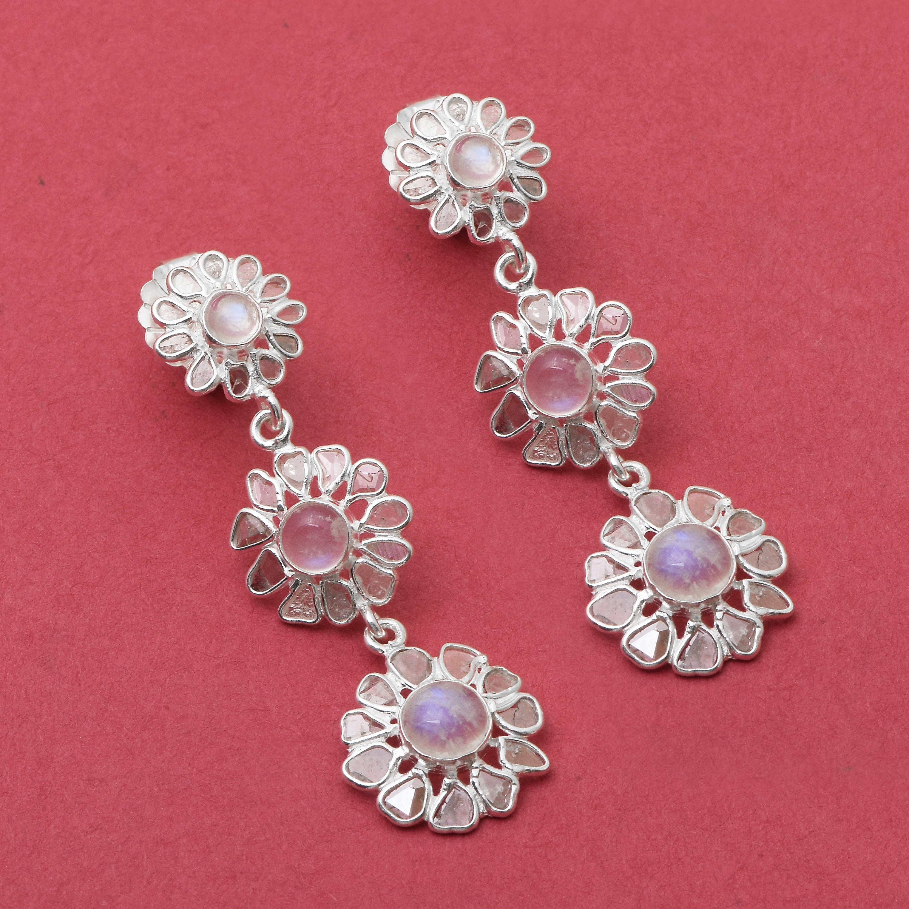 3 CTW Diamond Polki Moonstone Chain Earrings