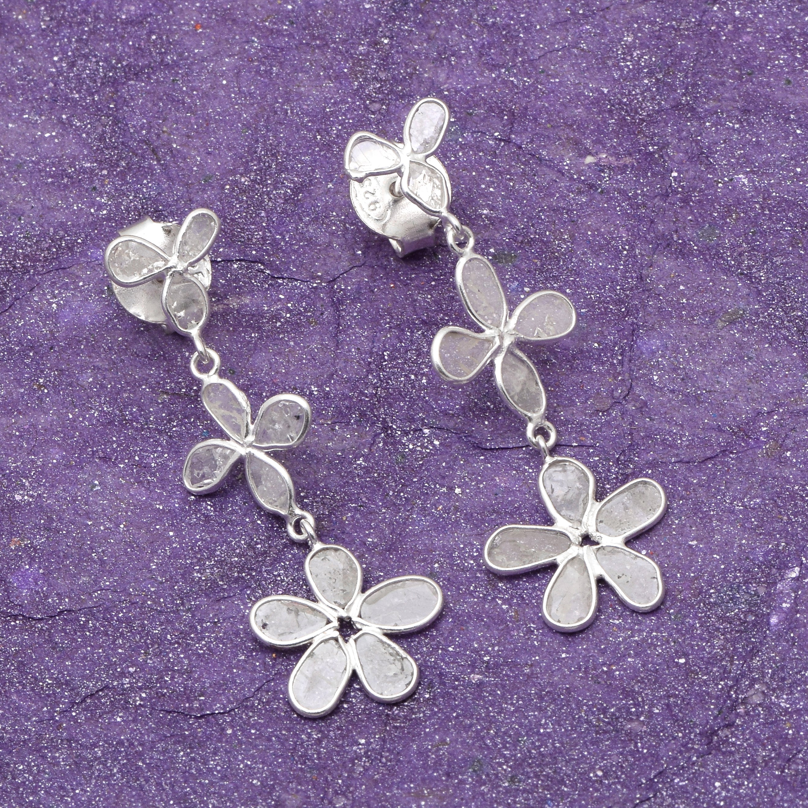 2 CTW Diamond Polki Floral Dangle Earrings