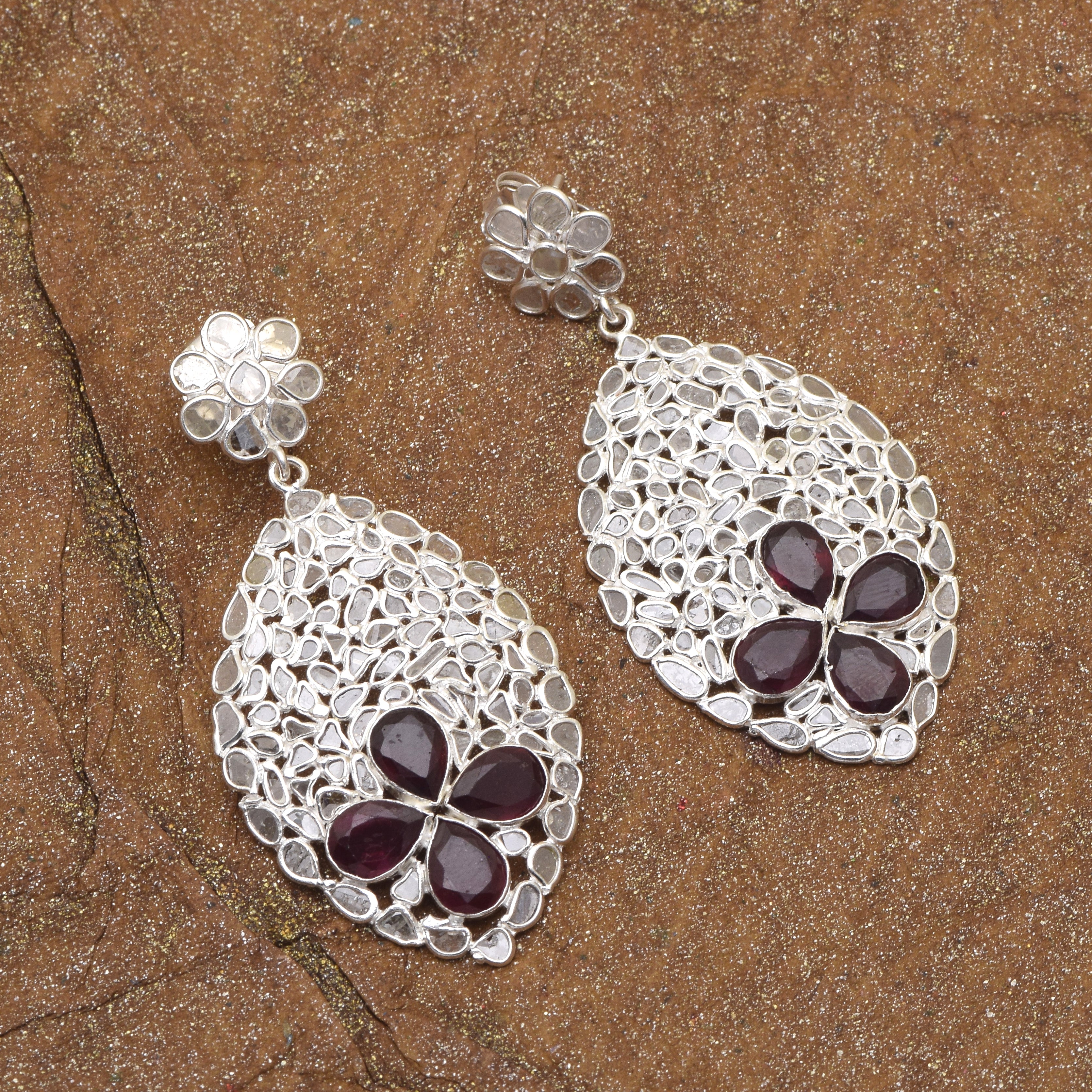 5 CTW Diamond Polki Garnet Floral Dangle Earrings