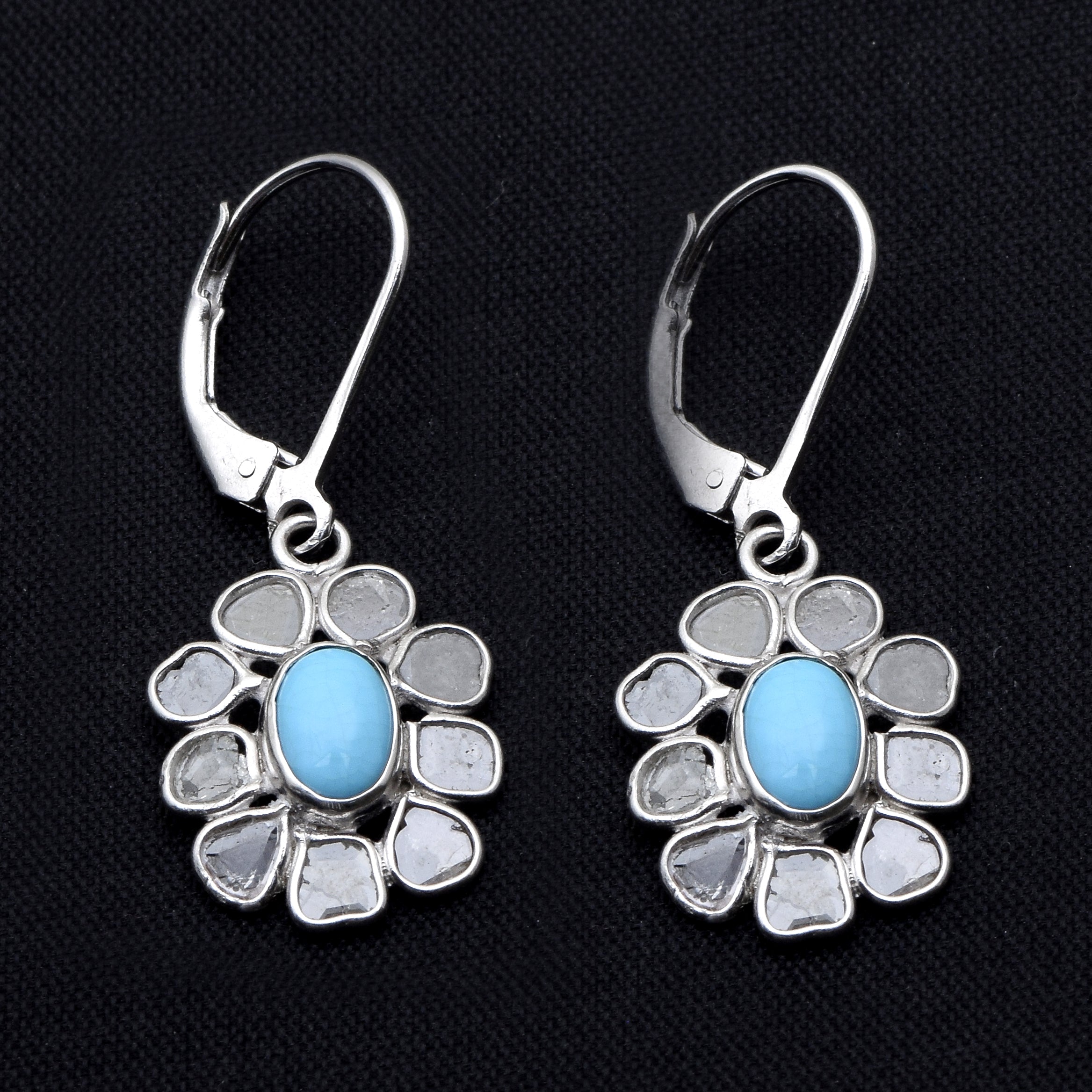 2.50 CTW Diamond Polki Turquoise Floral Dangle Earrings