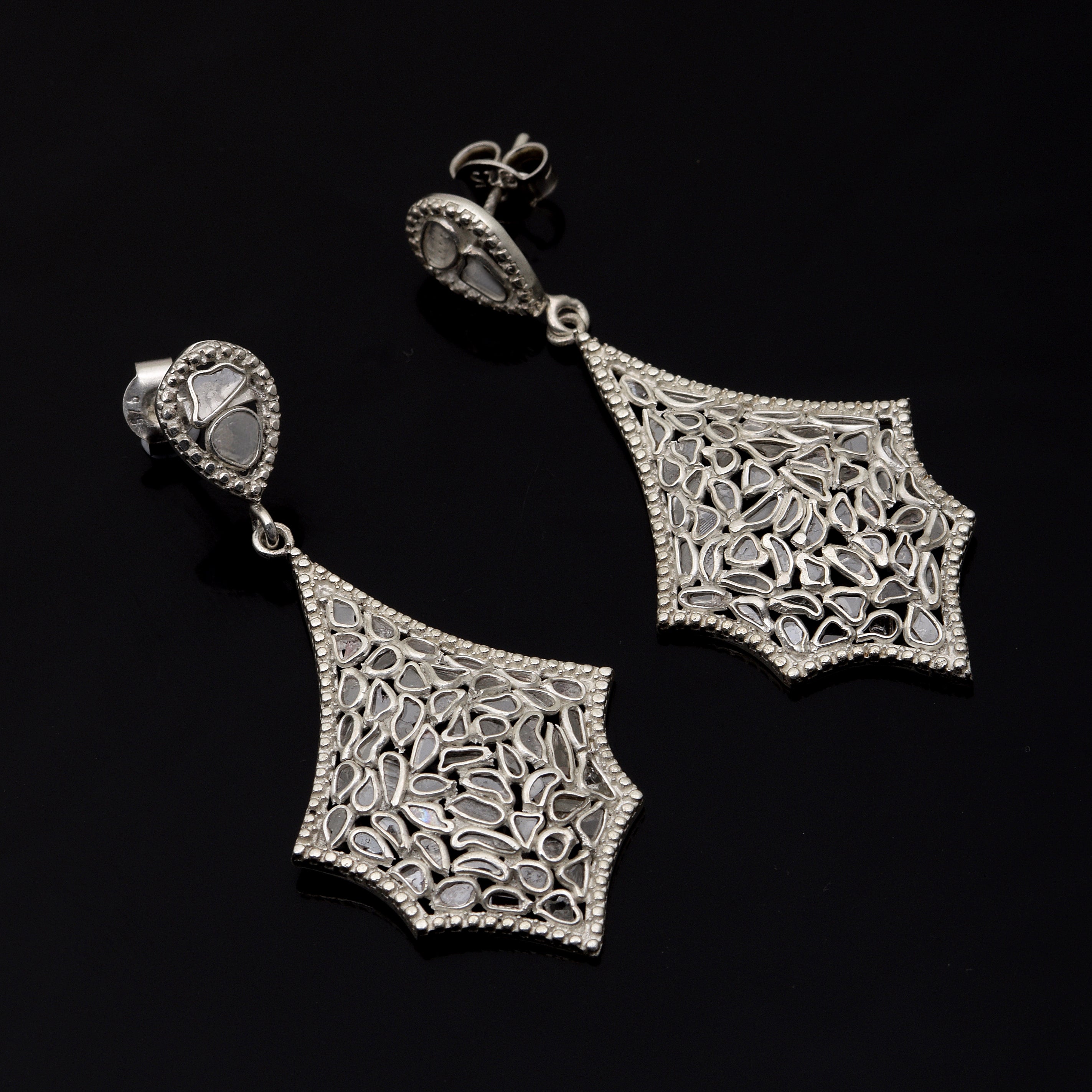 2.25 CTW Diamond Polki Spider Web Dangle Earrings
