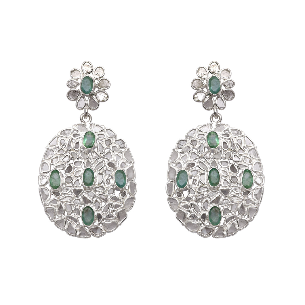 5 CTW Diamond Polki Genuine Emerald Cluster Dangle Earring