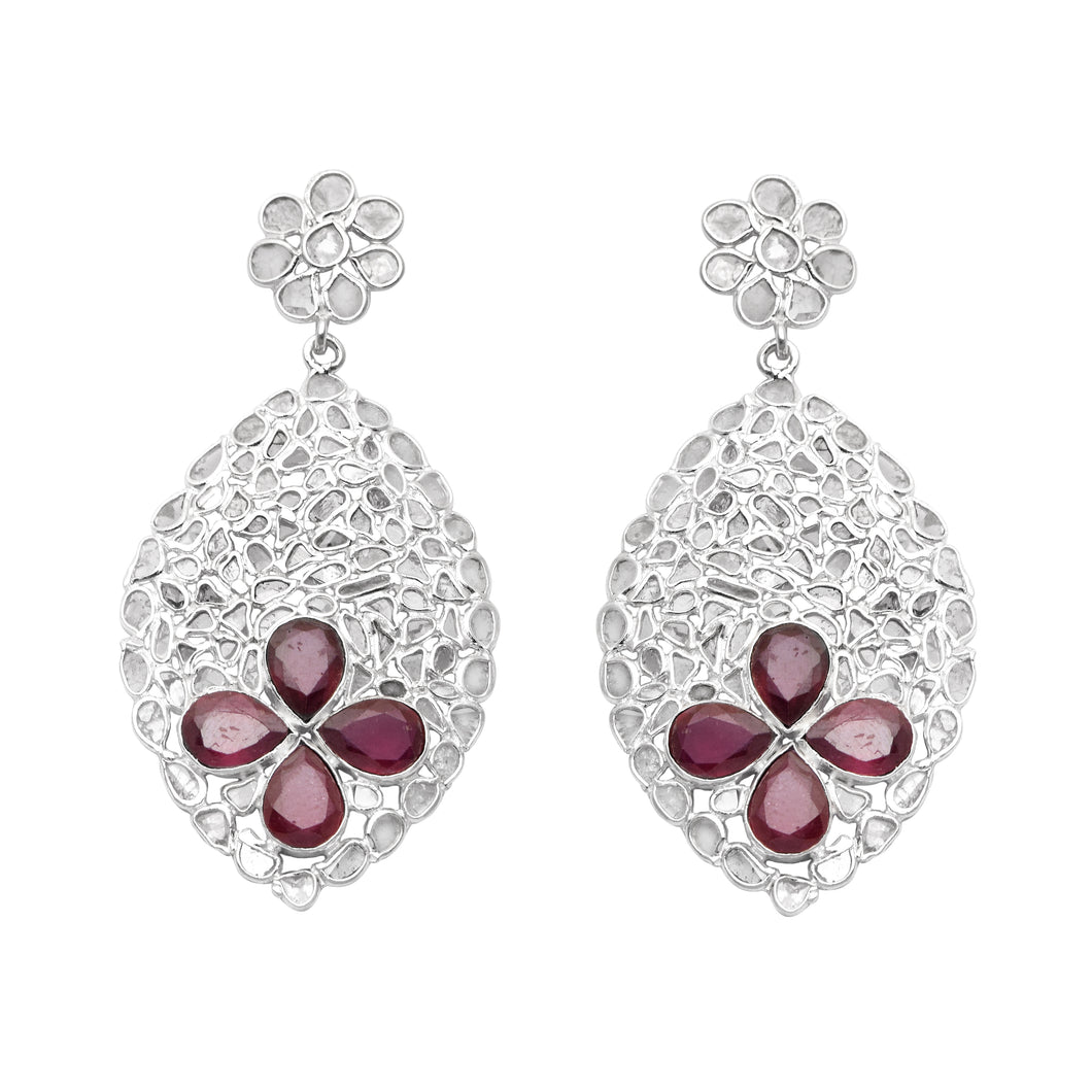 5 CTW Diamond Polki Garnet Floral Dangle Earrings