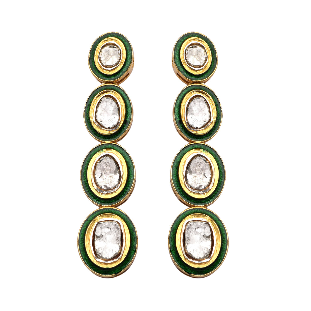2 CTW Diamond Polki Green Enamel Long Dangle Earrings