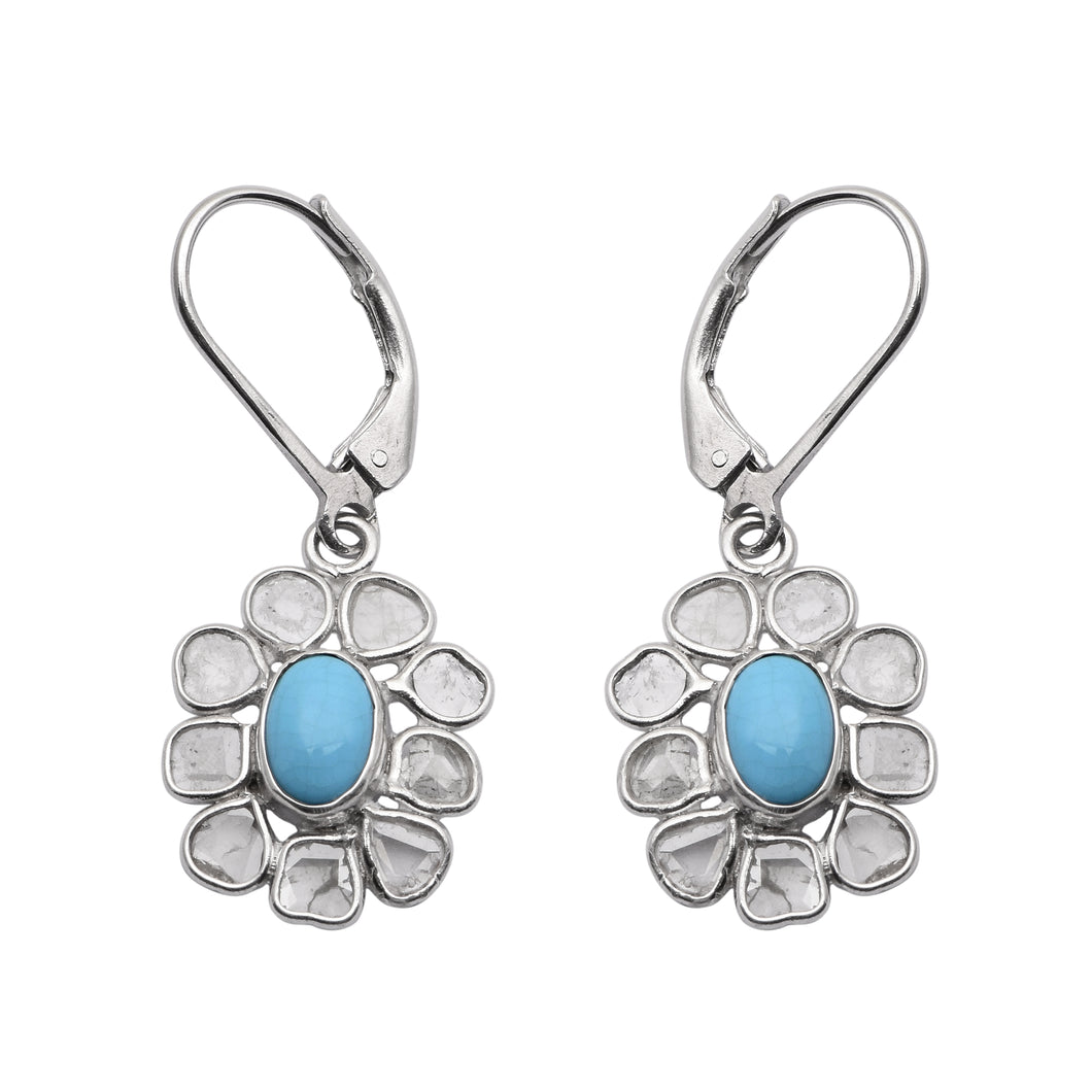 2.50 CTW Diamond Polki Turquoise Floral Dangle Earrings