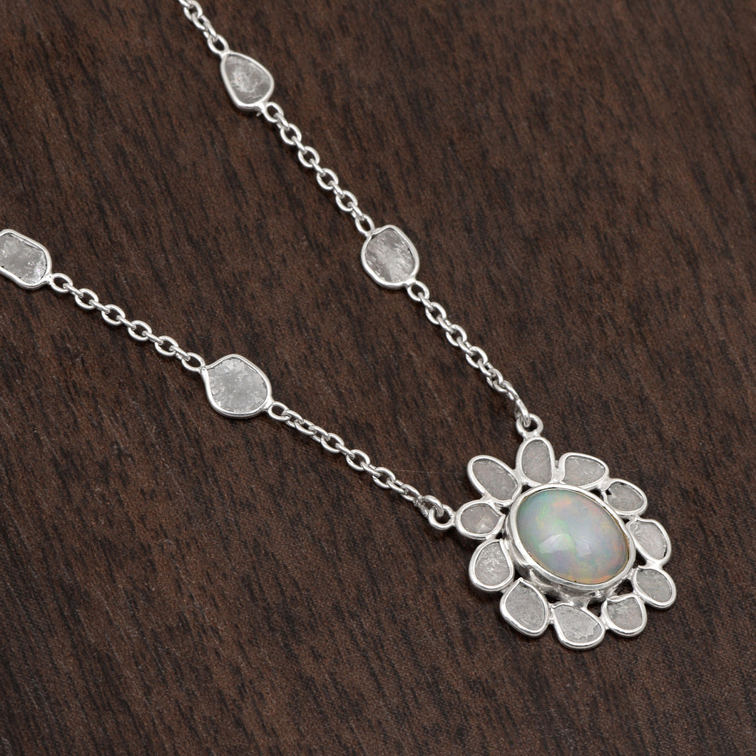 2.10 CTW Diamond Polki Ethiopian Opal Necklace