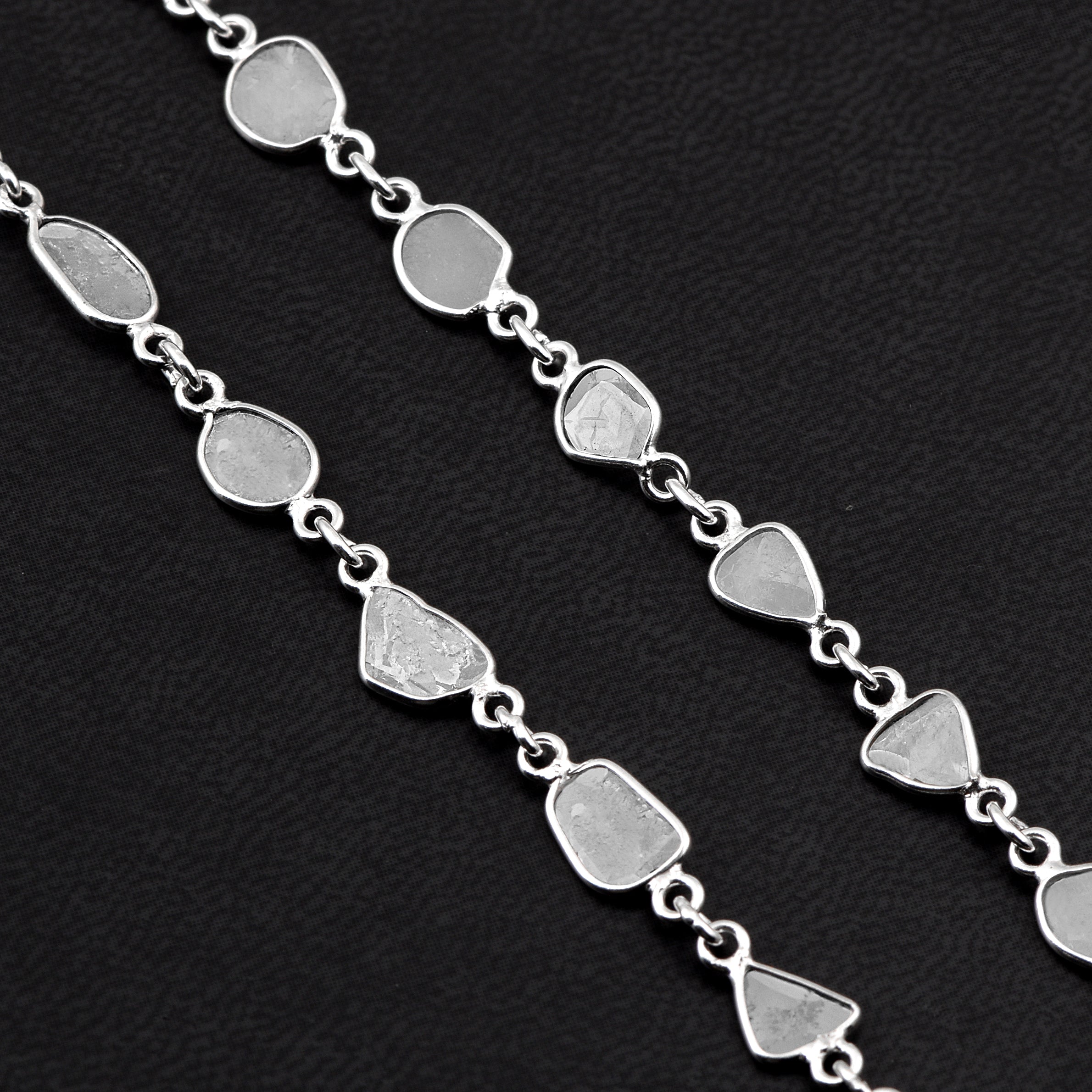 4.00 CTW Natural Diamond slice Polki 30" long Necklace 925 Sterling Silver Bezel Diamond Necklace, Uncut Diamond Chain Platinum Plated Necklace