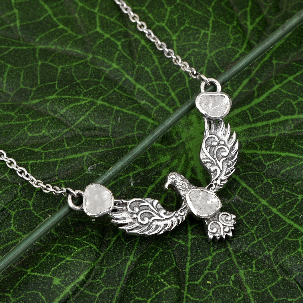 0.50 CTW Polki Diamond Eagle Necklace, 18 Inches Long Chain, 925 Sterling Silver White Gold Plated