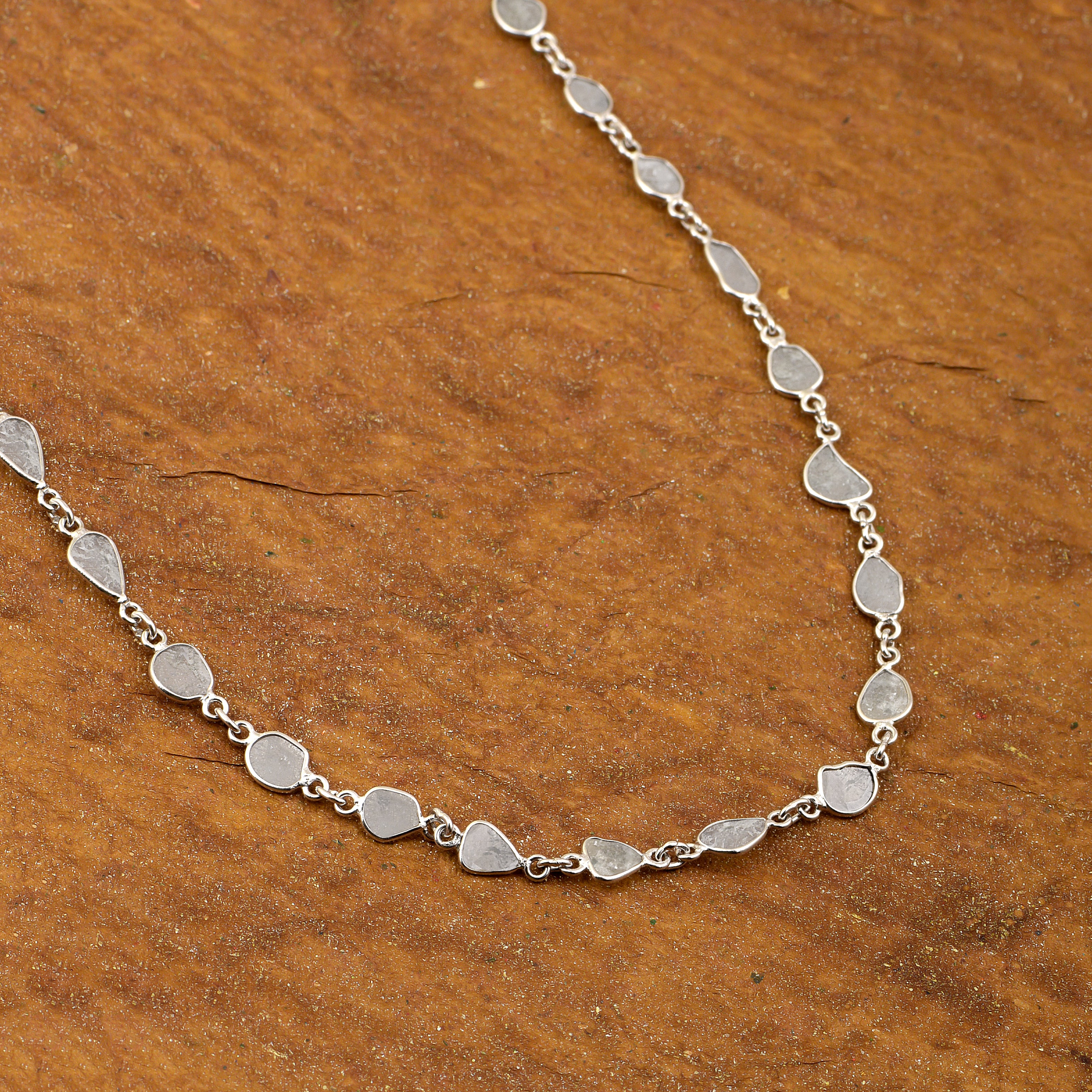 4.00 CTW Natural Diamond slice Polki 30" long Necklace 925 Sterling Silver Bezel Diamond Necklace, Uncut Diamond Chain Platinum Plated Necklace