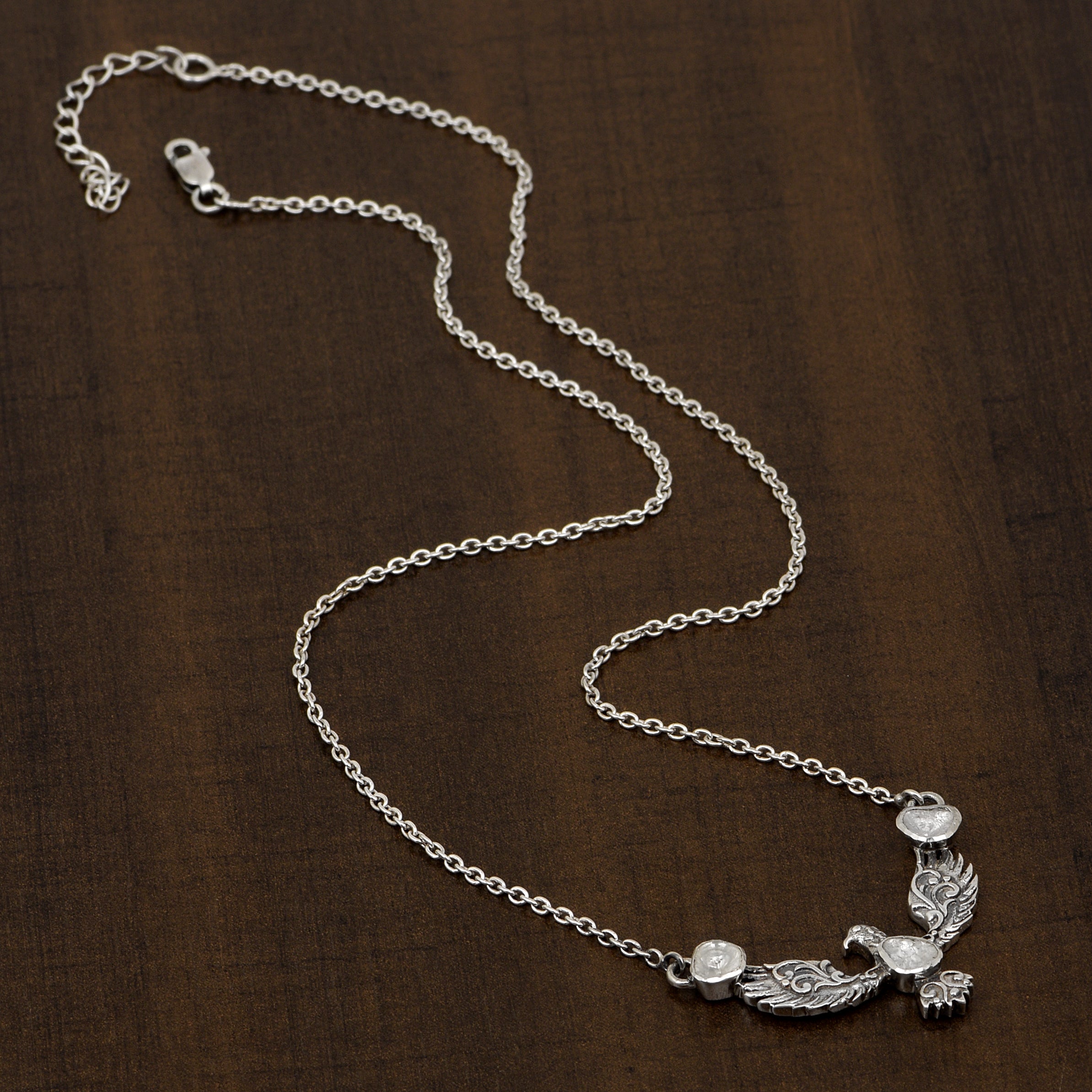 0.50 CTW Polki Diamond Eagle Necklace, 18 Inches Long Chain, 925 Sterling Silver White Gold Plated