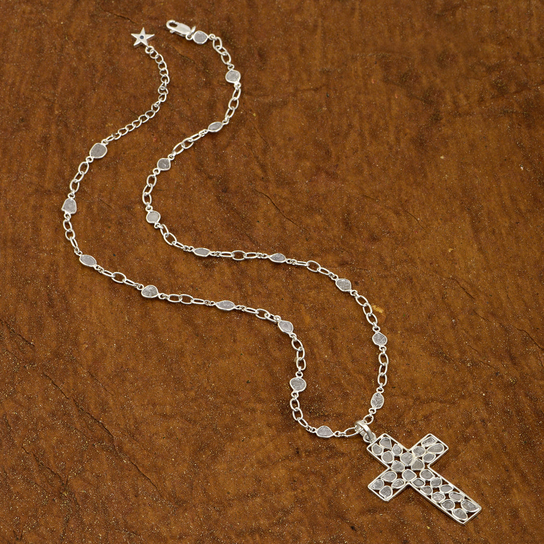 5.00 CTW Natural Diamond Polki Religious Christian Cross Pendant Necklace 925 Sterling Silver Platinum Plated Slice Diamond Jewelry