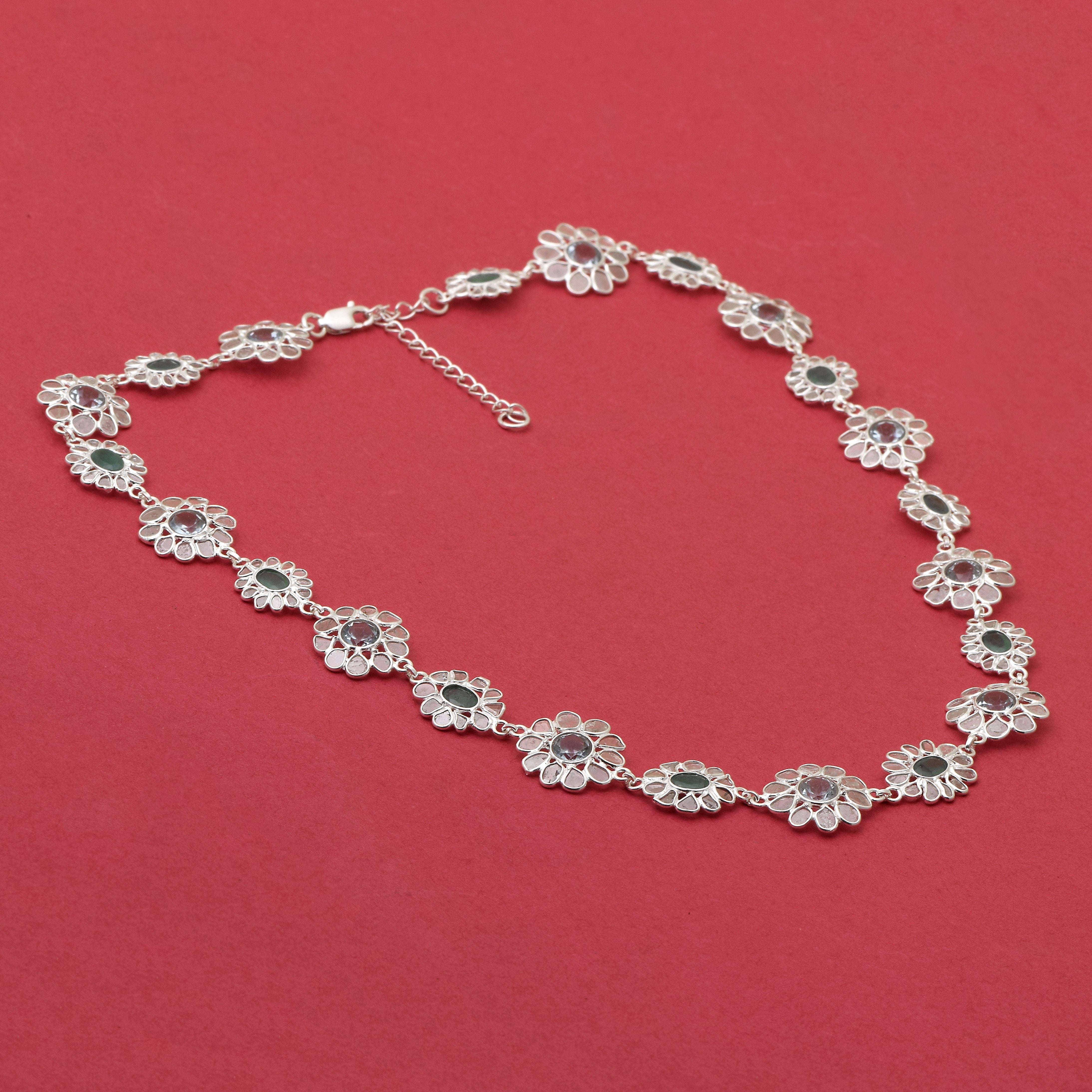 14 CTW Diamond Polki Emerald Blue Topaz Necklace