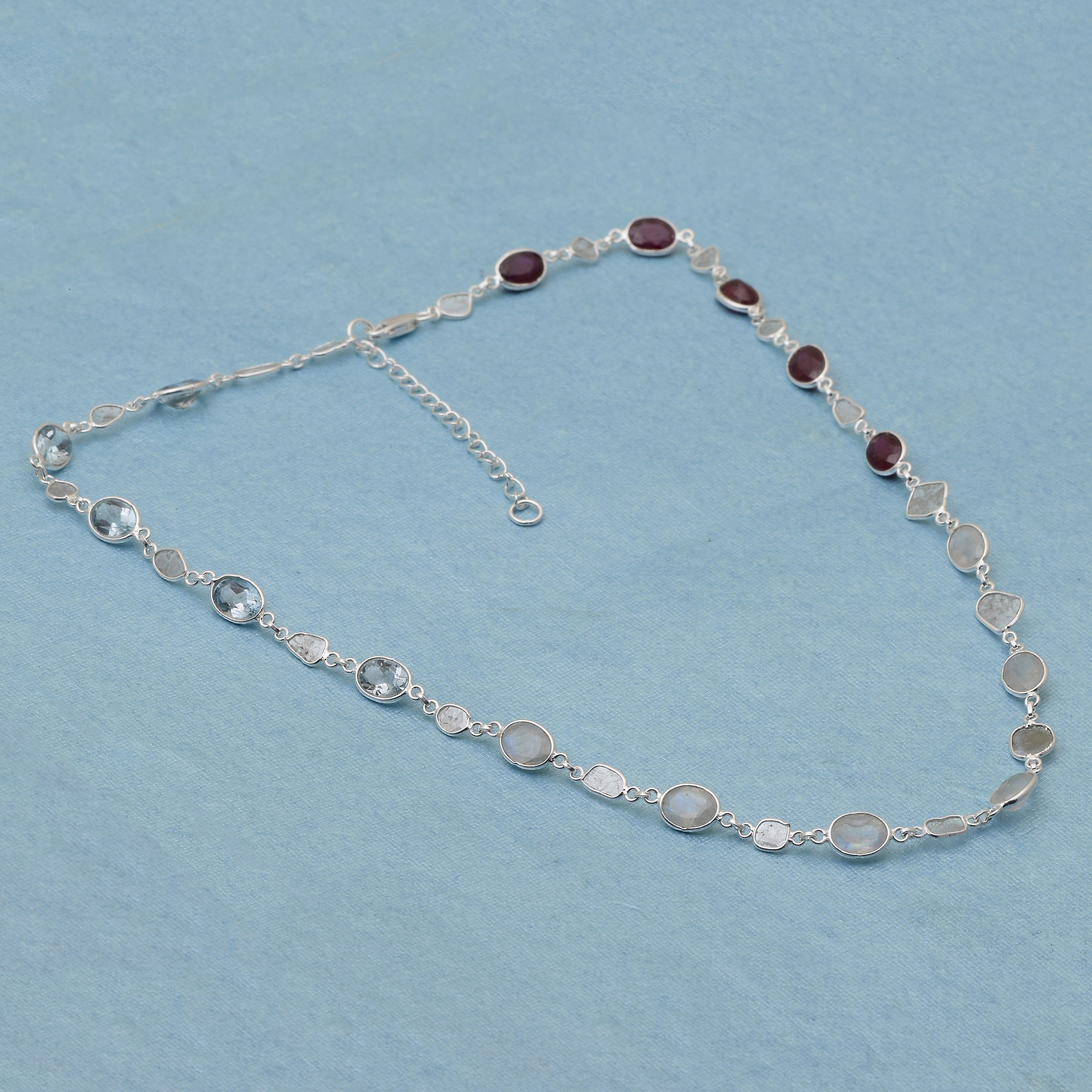 4 CTW Diamond Polki Moonstone Ruby Blue Topaz Necklace