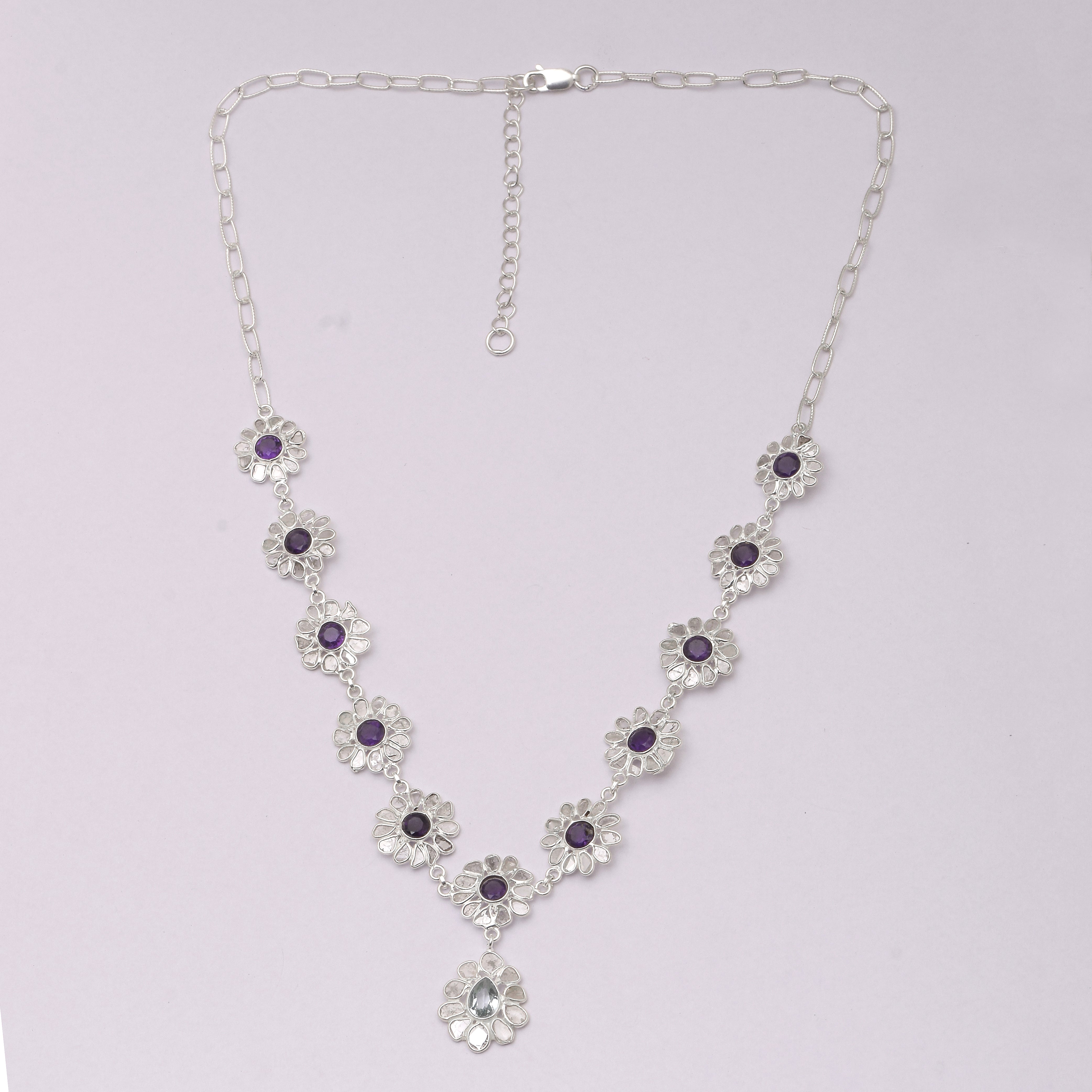 7 CTW Diamond Polki Amethyst Blue Topaz Necklace