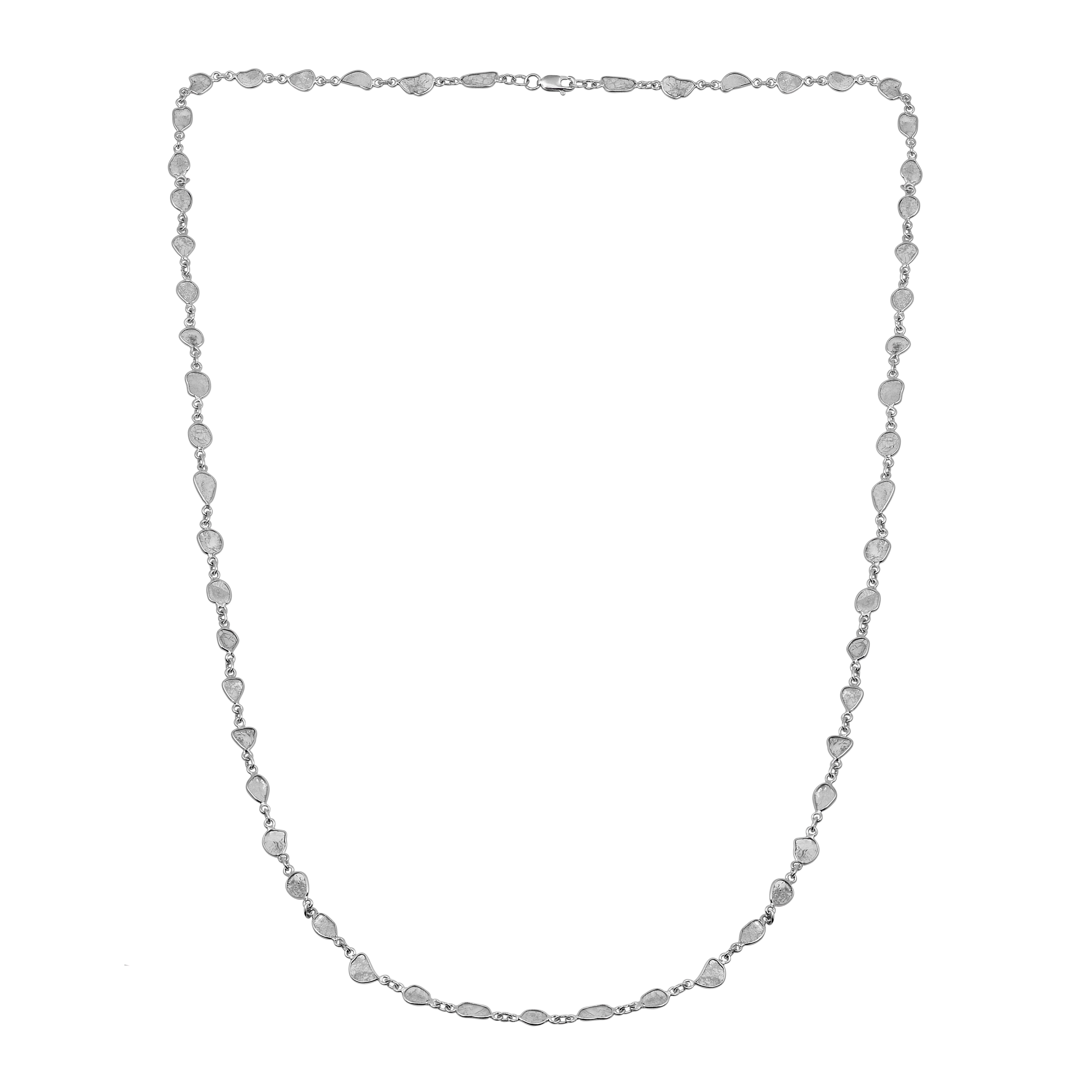 4.00 CTW Natural Diamond slice Polki 30" long Necklace 925 Sterling Silver Bezel Diamond Necklace, Uncut Diamond Chain Platinum Plated Necklace