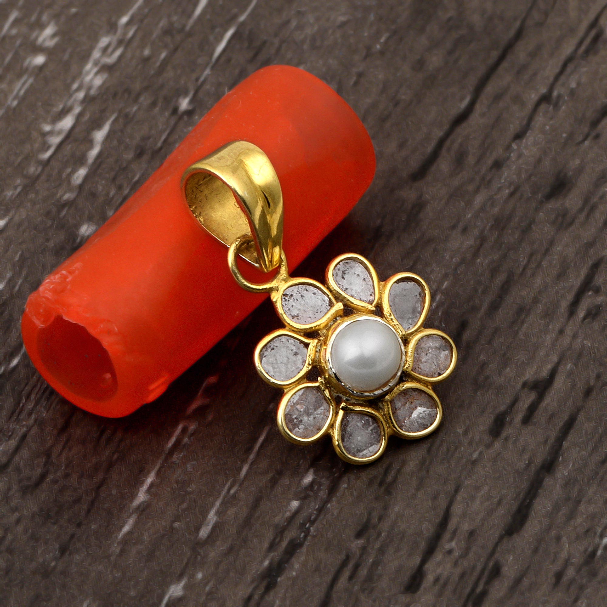 0.50 CTW Diamond Polki Pearl Floral Pendant