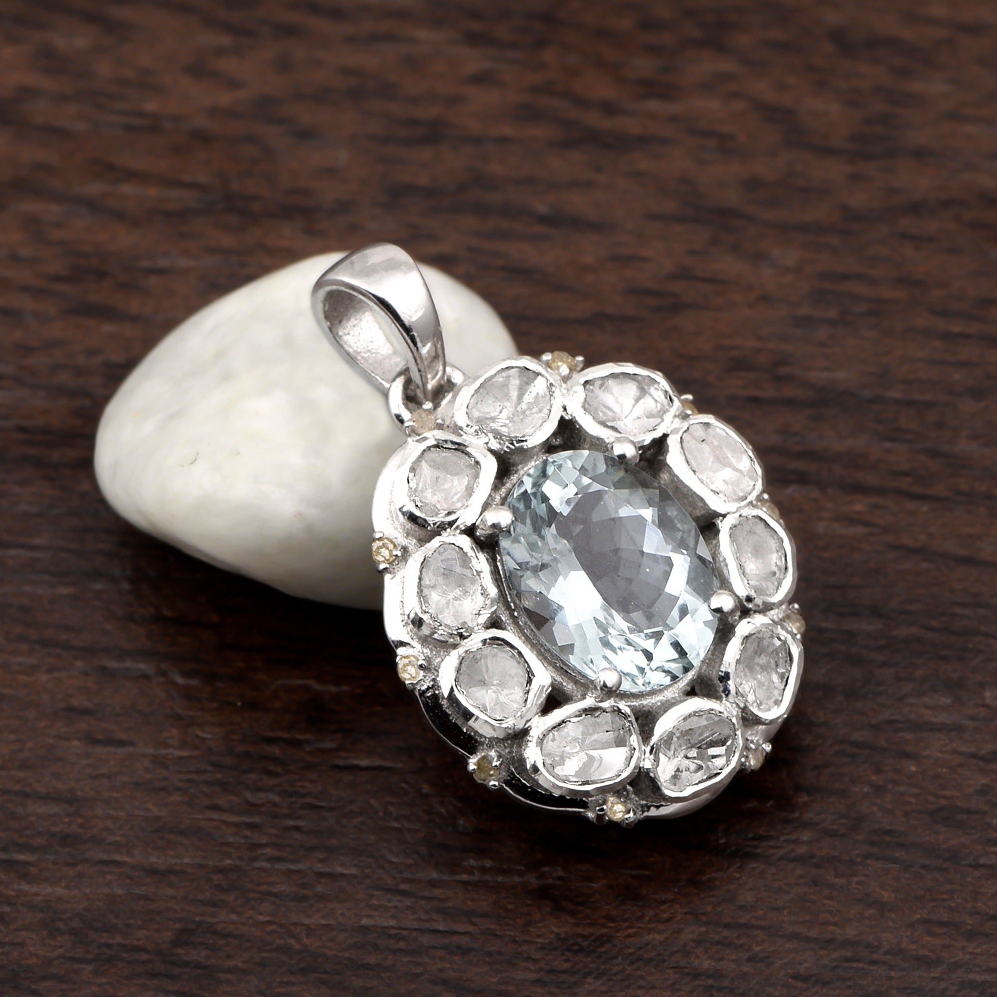 1.10 CTW Diamond Polki Blue Topaz Statement Pendant